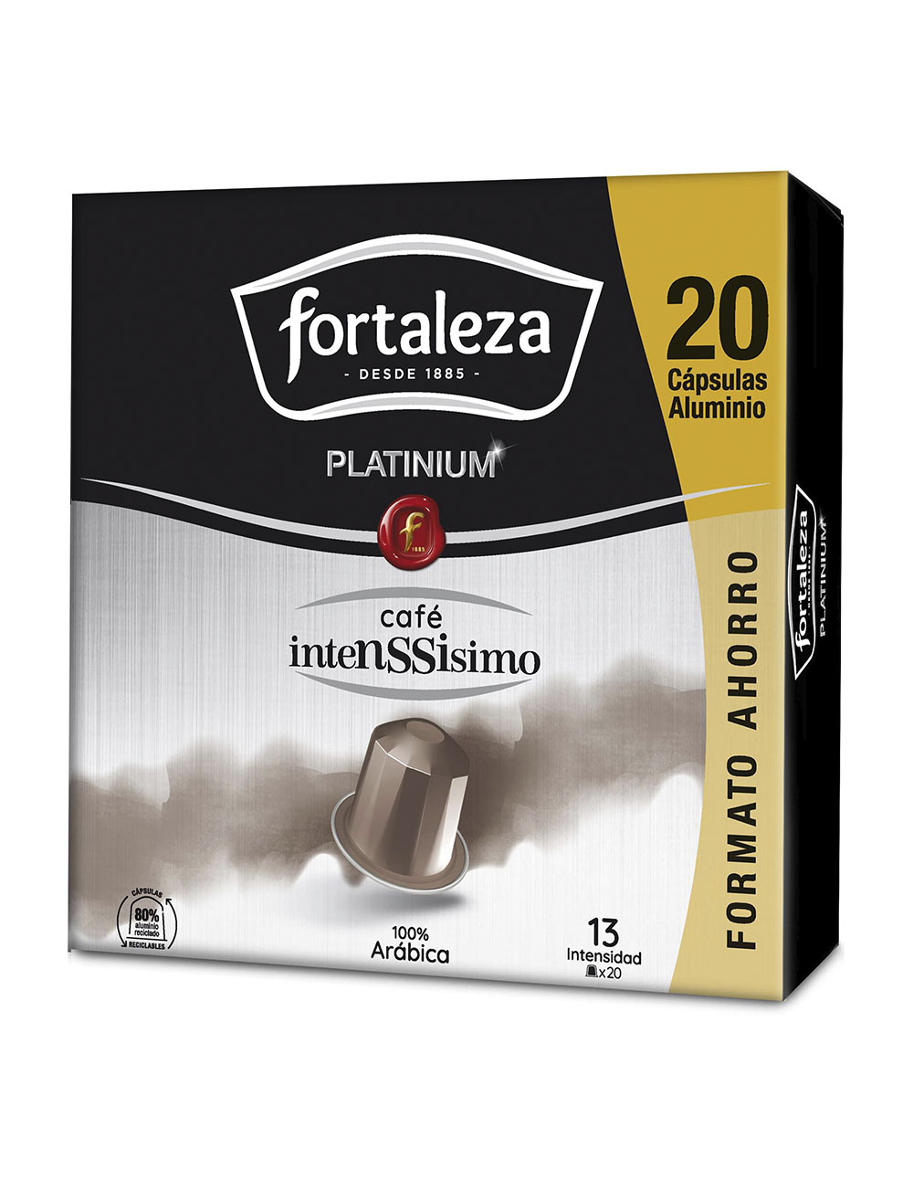 Caja de 20 cápsulas de café de aluminio Fortaleza Platinium, 100% Arábica.