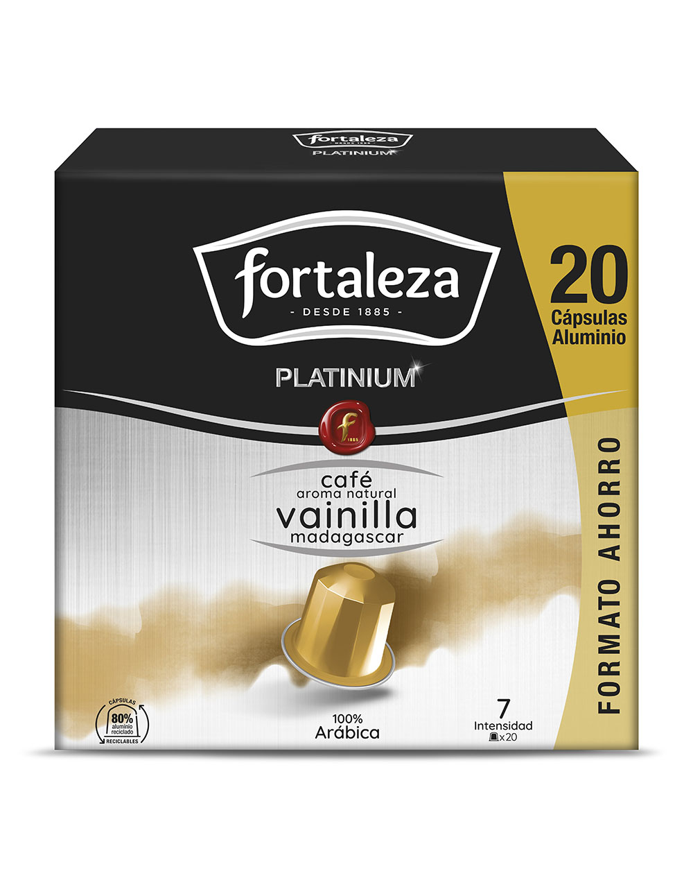 Caja de 20 cápsulas de café de aluminio Fortaleza Platinium.