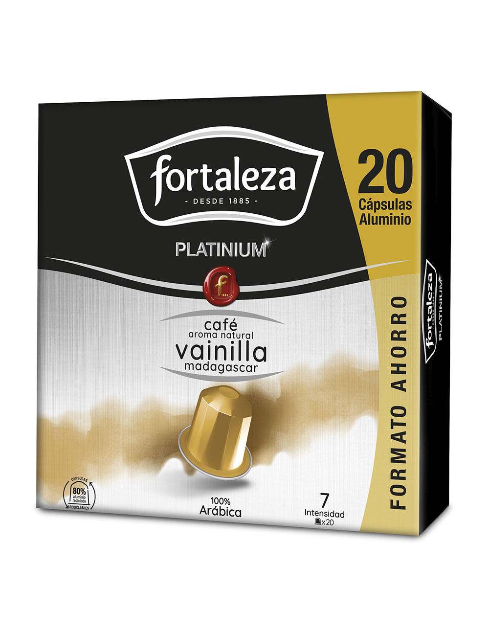 Caja de 20 cápsulas de café de aluminio Fortaleza Platinium vainilla.