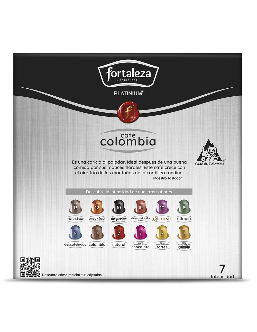 Embalaje de cápsulas de café Fortaleza: varios tipos e intensidades.