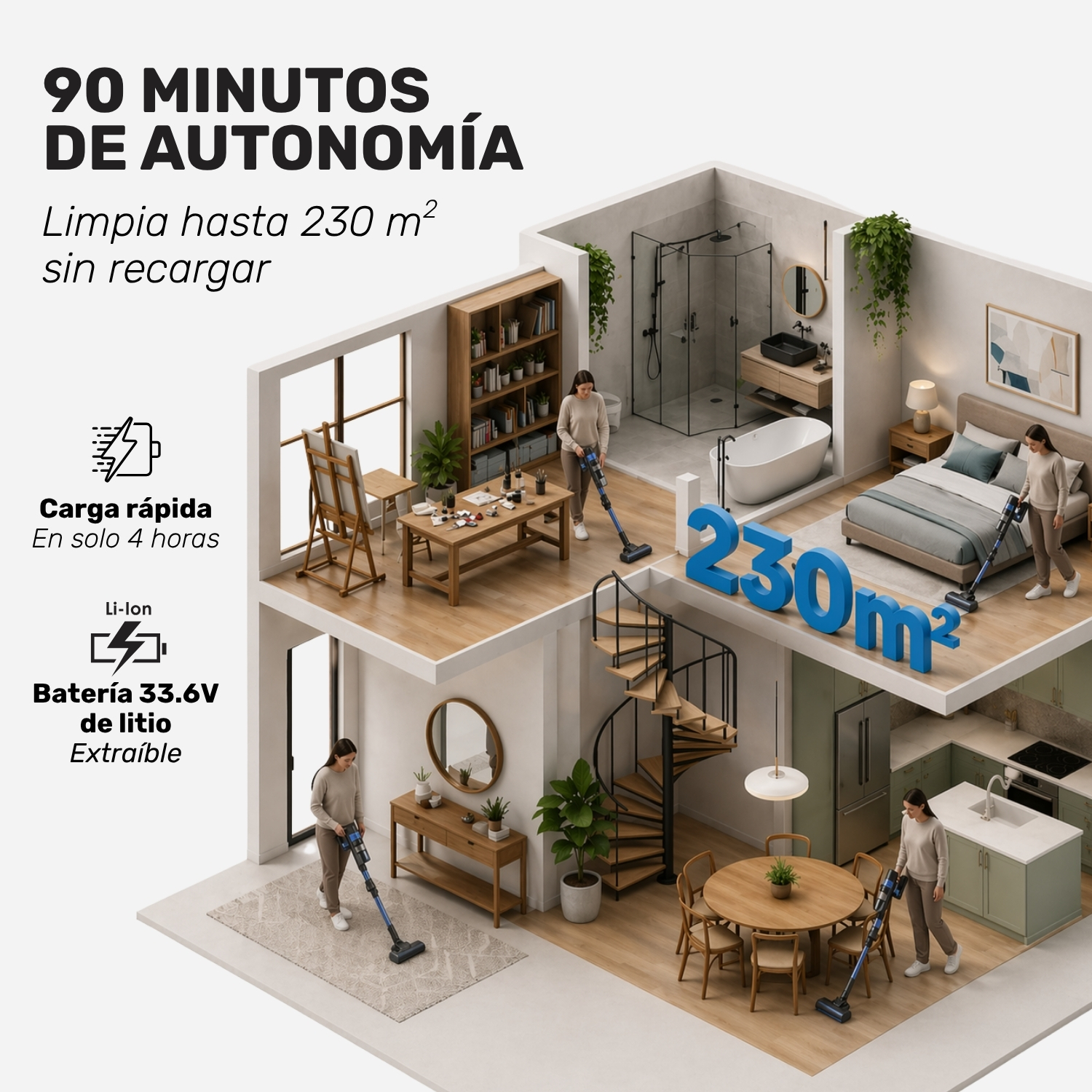 Ilustración 3D de casa moderna con personas usando aspiradoras. 230 m².