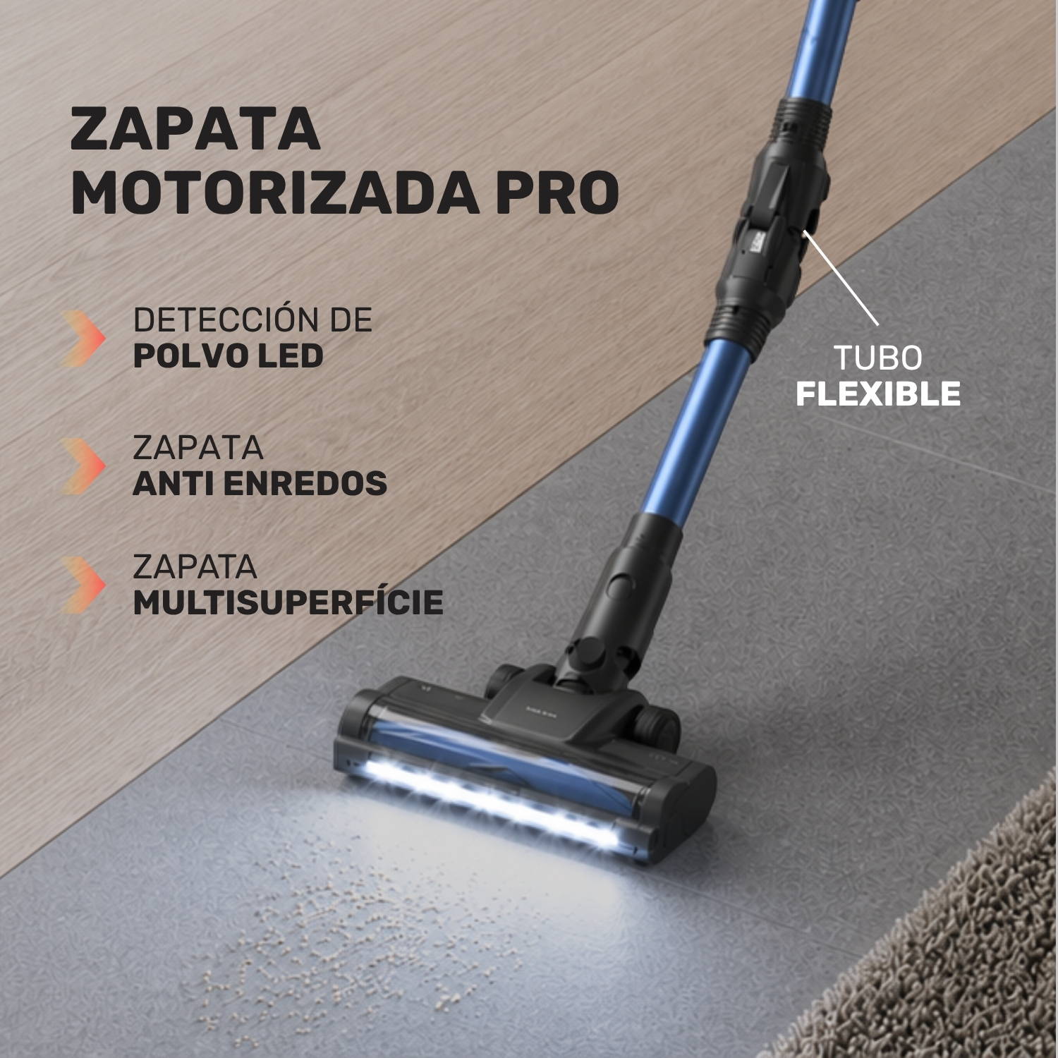Cabezal motorizado de aspiradora con luces LED limpiando escombros en el suelo.