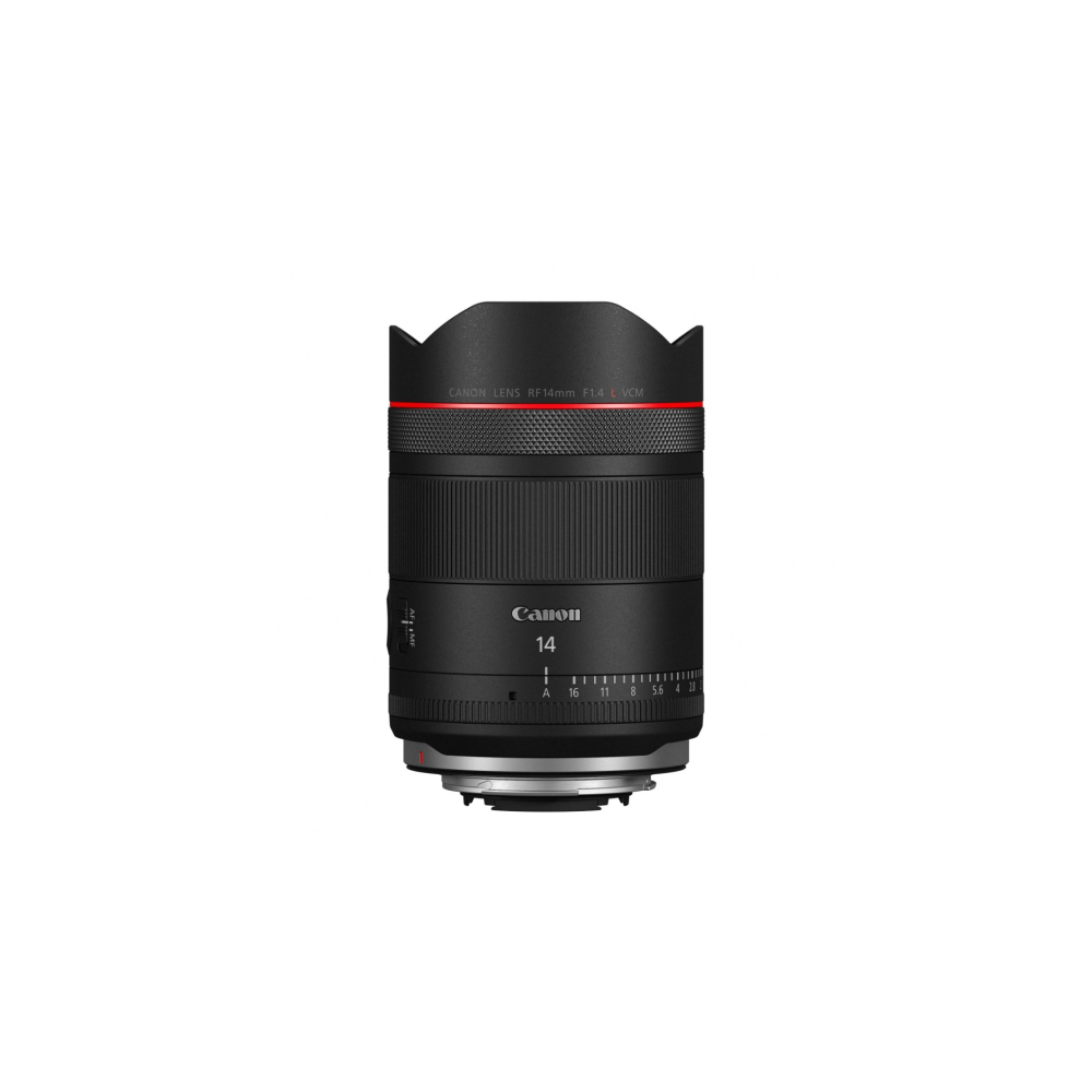Zwarte Canon RF 14mm F1.4 L VCM lens met scherpstelring en diafragmaring.