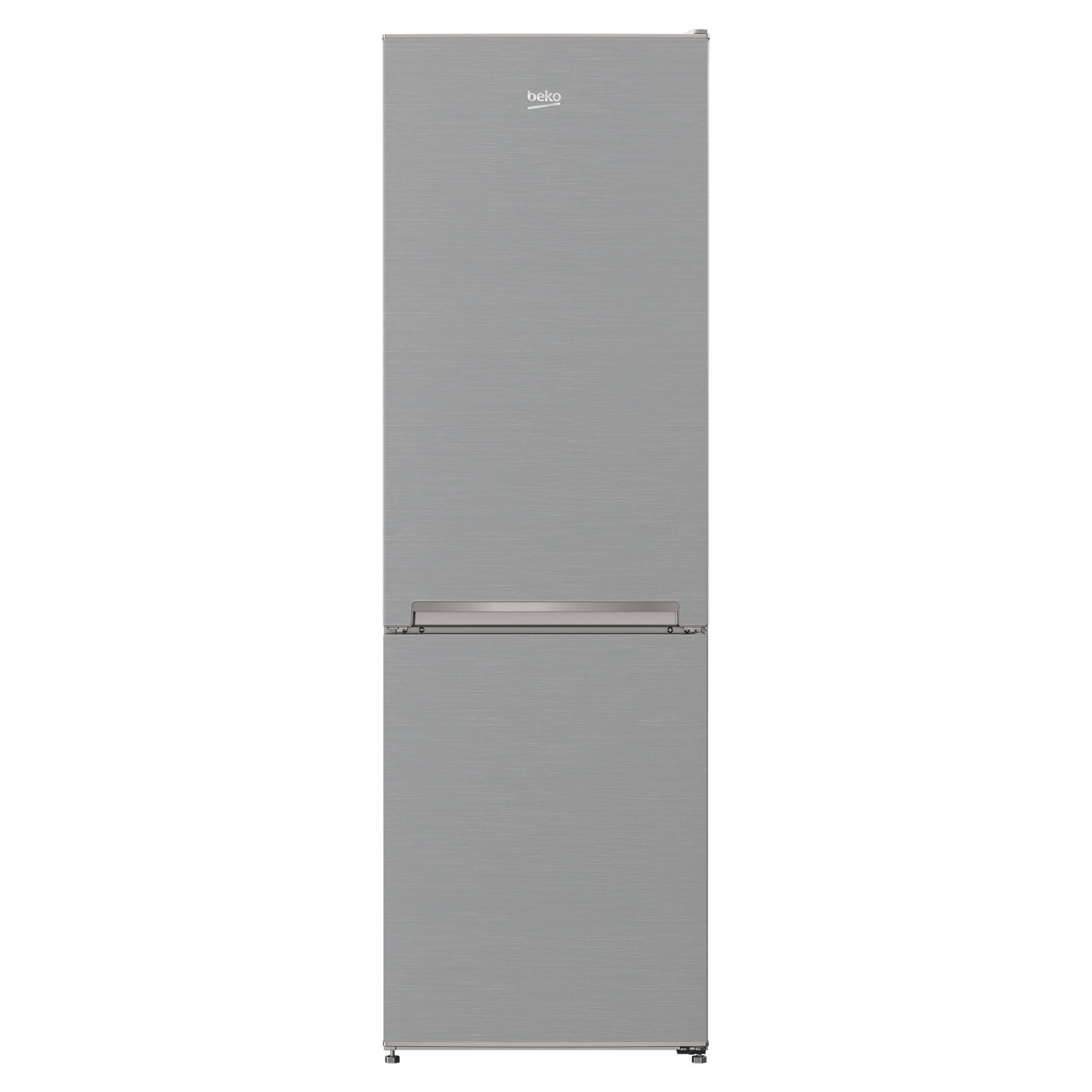 Un frigorifero argentato ed elegante con logo Beko e maniglia a barra argentata.