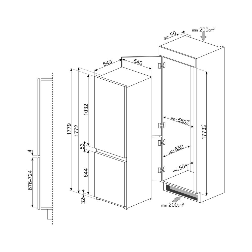 Disegno tecnico di un frigorifero con dimensioni e requisiti di spazio minimo.