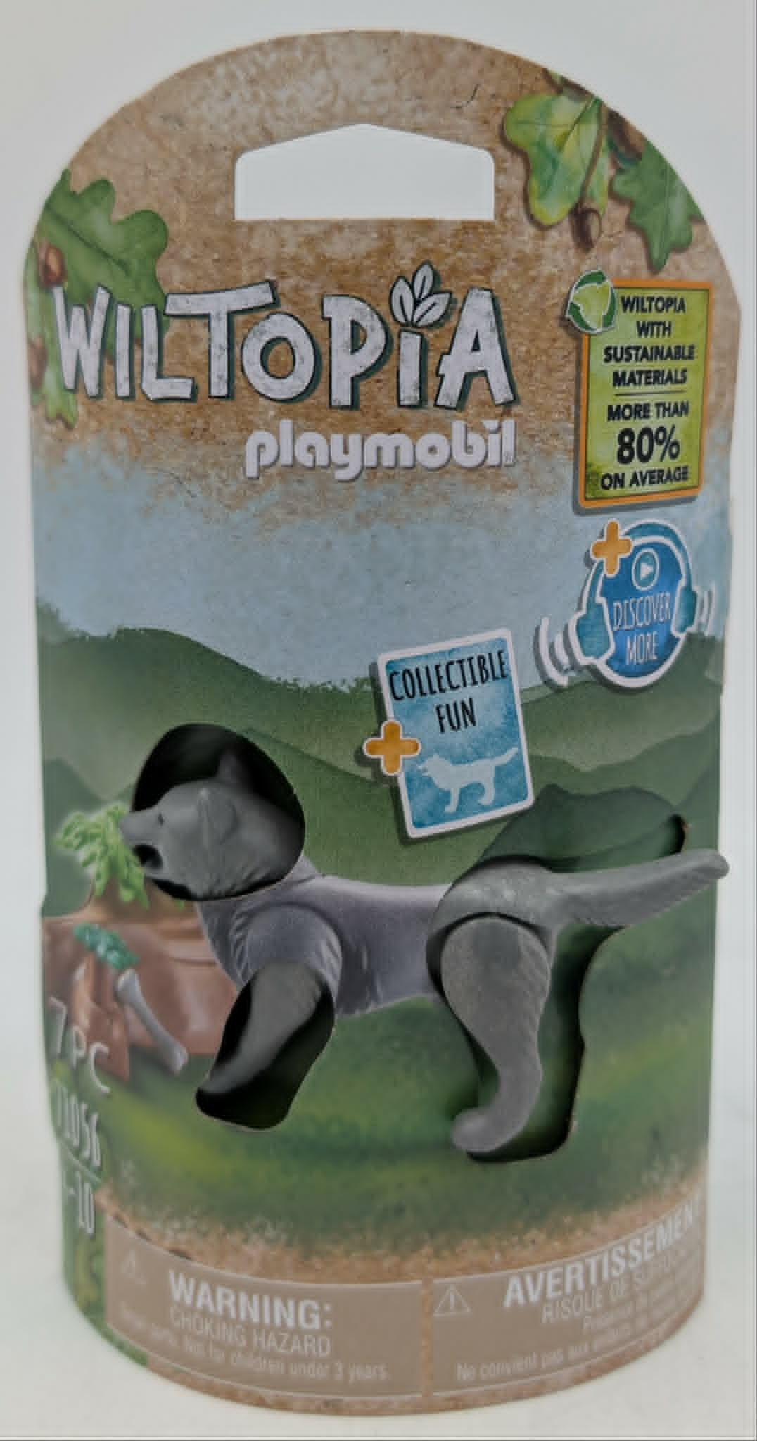 Lupo giocattolo Playmobil Wiltopia su confezione di cartone con sfondo foresta.