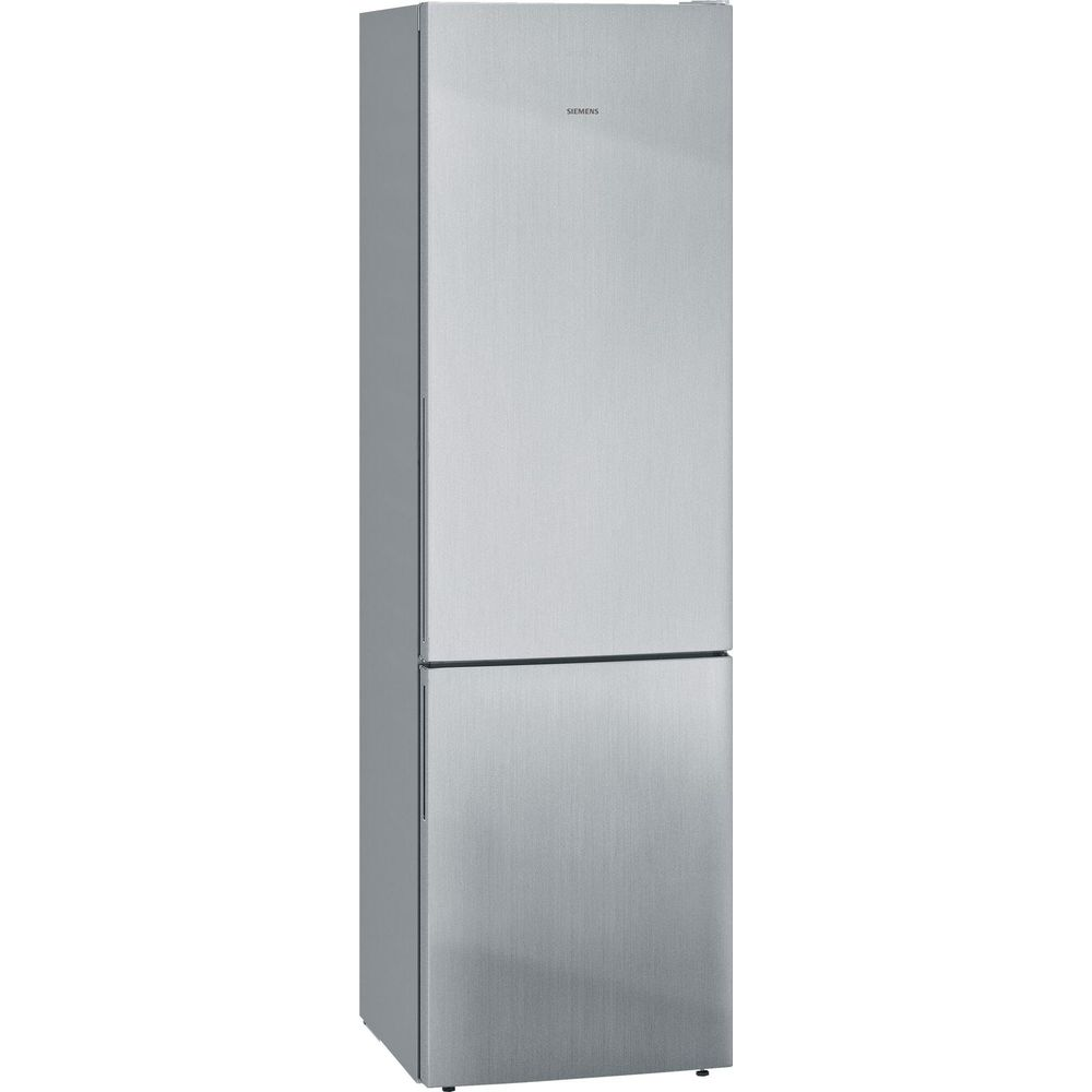 Ein silberner Siemens Kühlschrank mit zwei Türen, eine oben, eine unten.