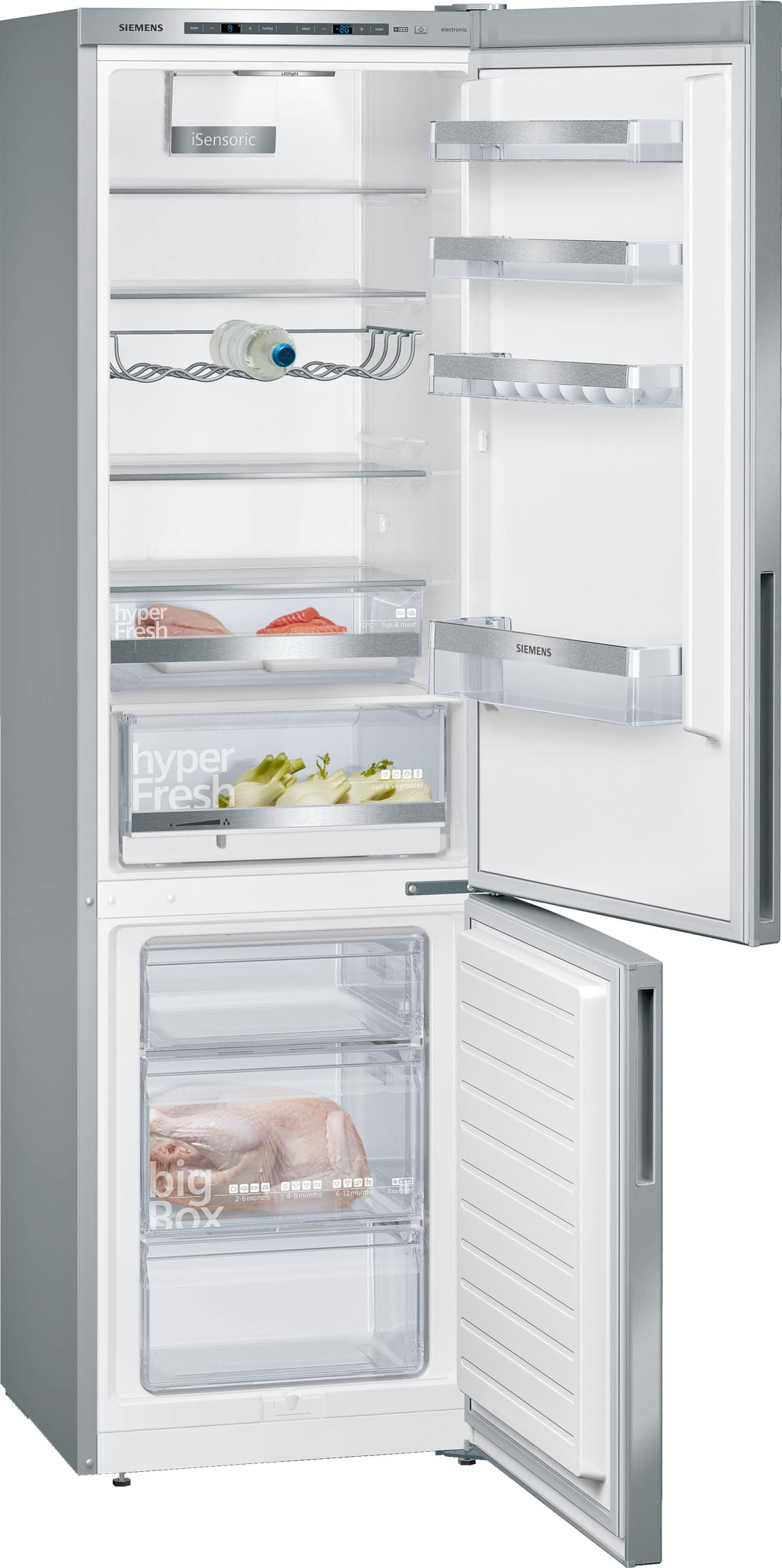 Ein offener Siemens-Kühlschrank mit Fächern für Fisch, Fleisch und Gemüse.