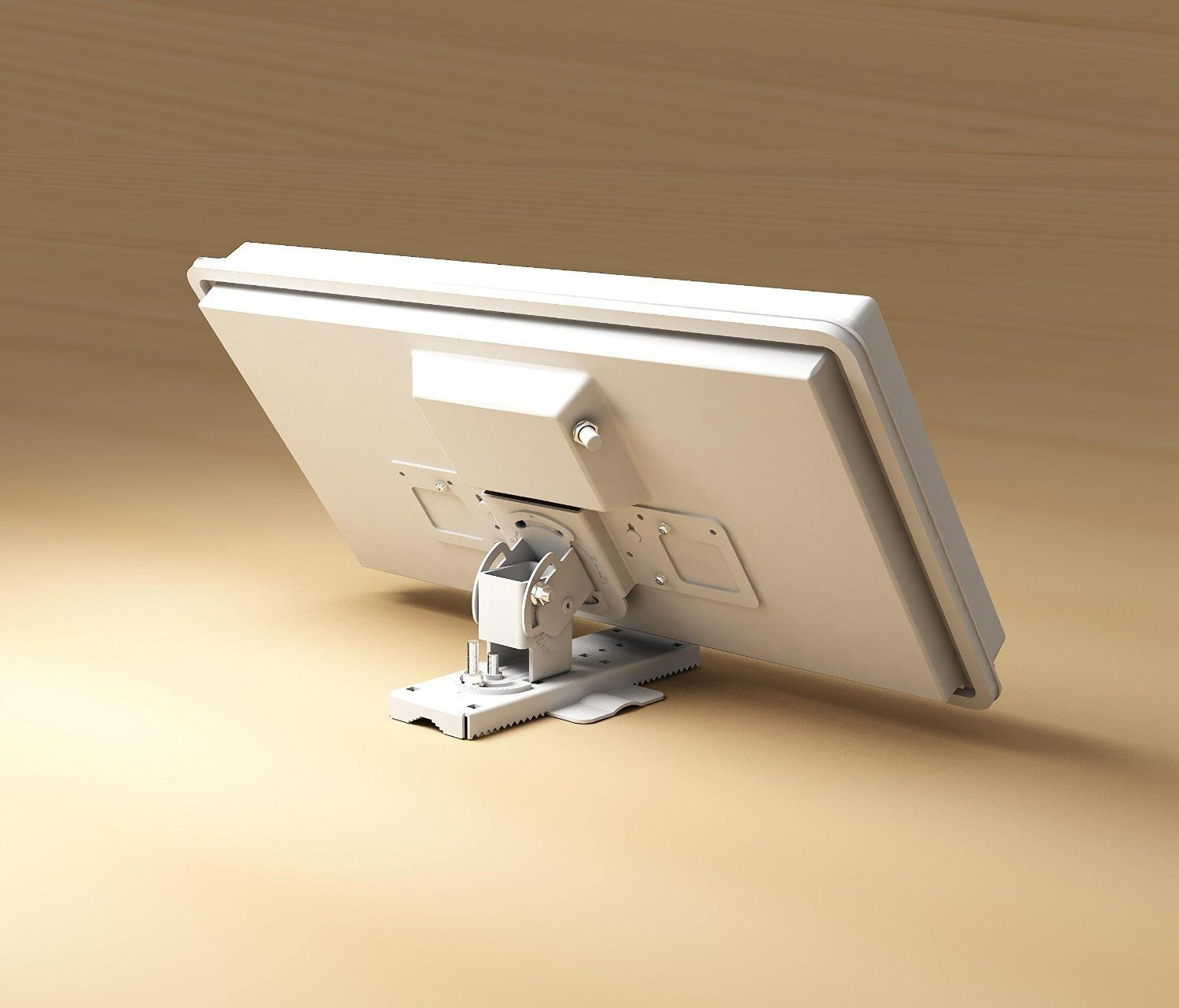 Rückseite eines weißen Monitors mit verstellbarem Standfuß auf hellem Holztisch.