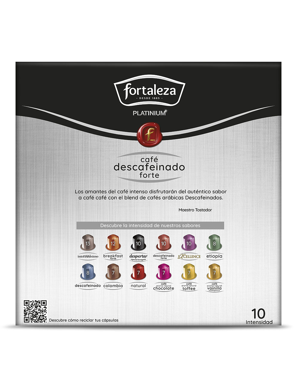 Embalaje de café Fortaleza: 10 cápsulas, varios sabores con índices de intensidad.
