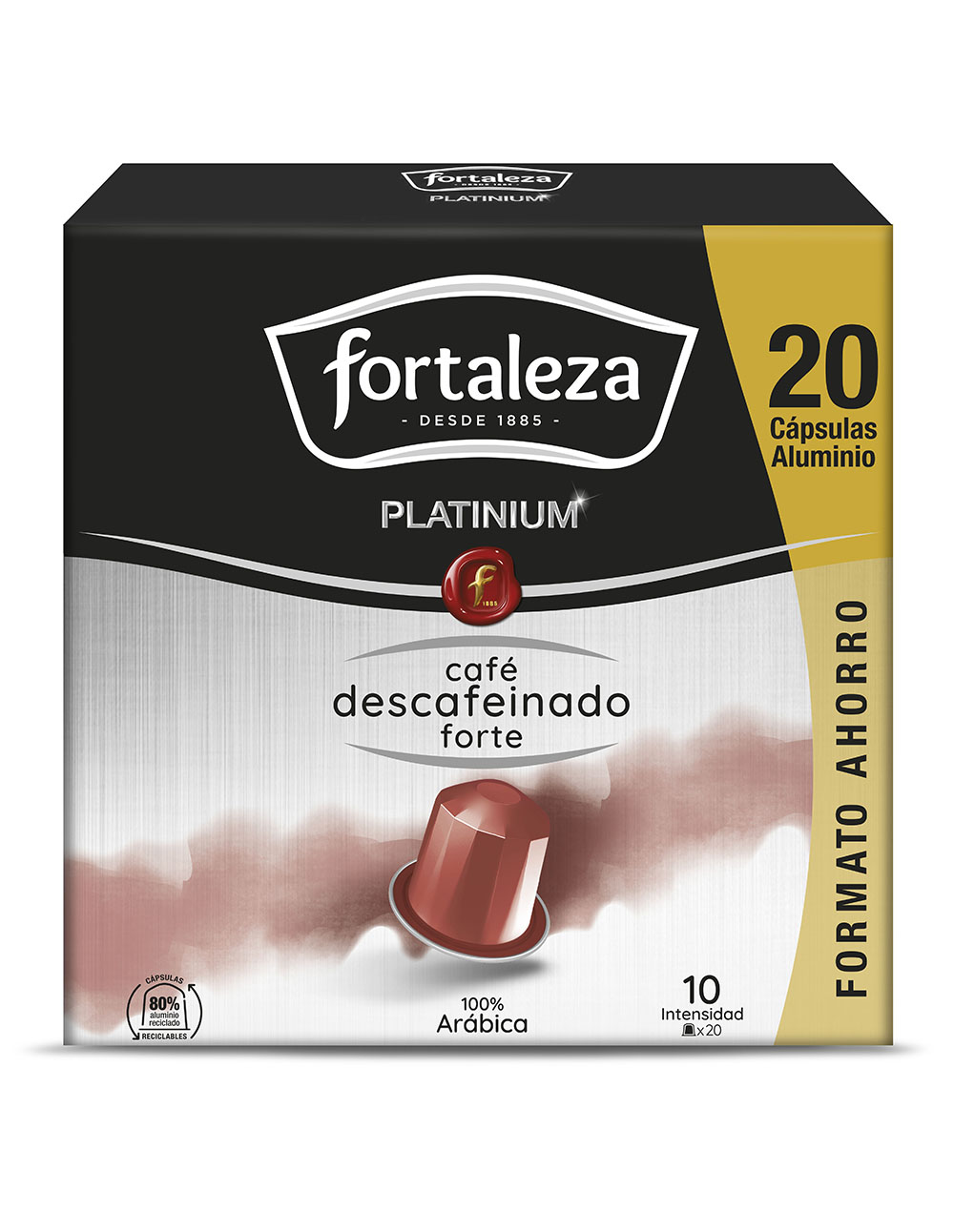 Caja de 20 cápsulas de café Arábica fuerte descafeinado Fortaleza Platinium.