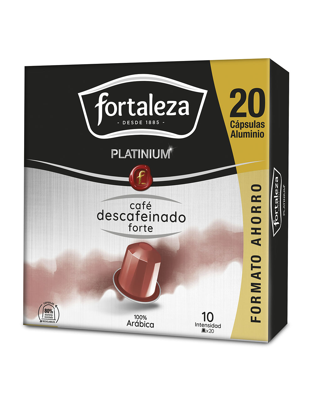 Caja con 20 cápsulas de café descafeinado Fortaleza Platinium, 100% Arábica.