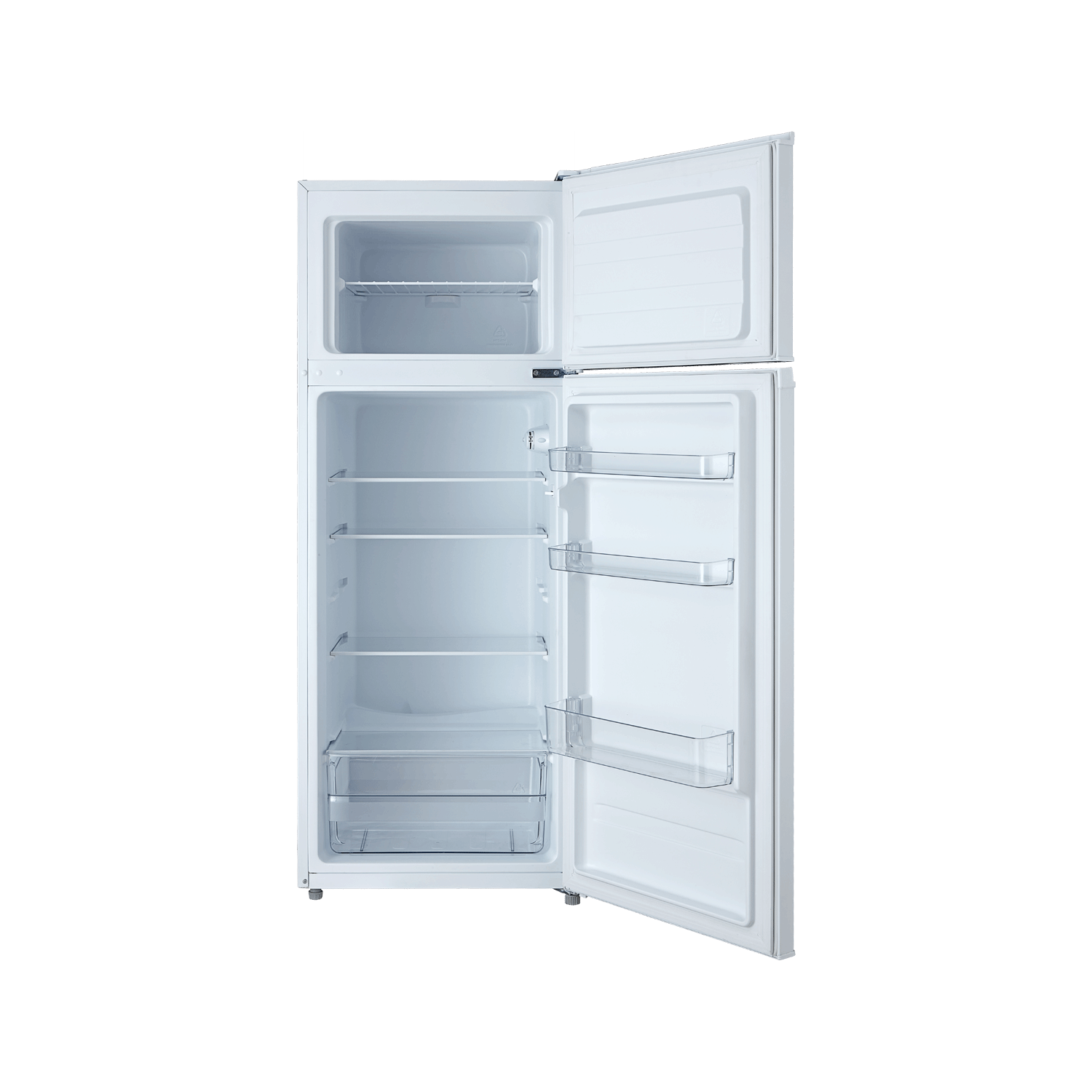 Un frigorifero bianco con le porte del congelatore e del frigorifero aperte.