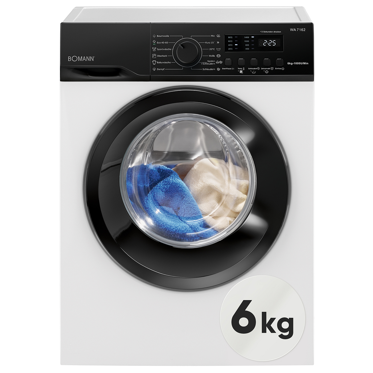 Eine weiße Bomann Waschmaschine mit schwarzem Bullauge. Innen sind blaue und beige Handtücher.