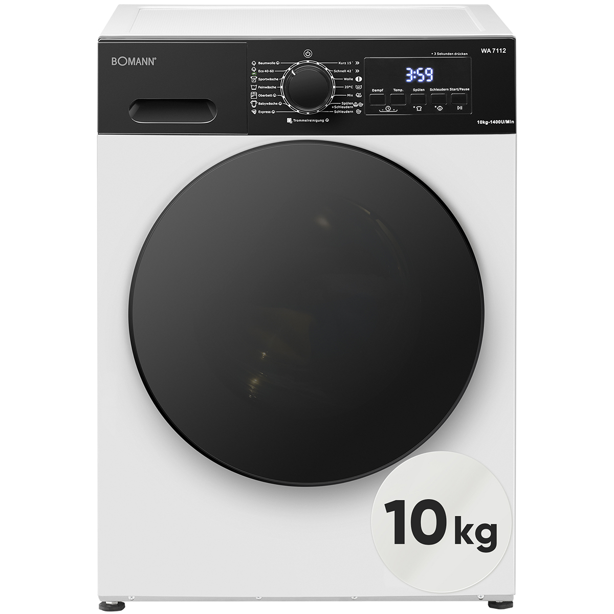 Eine weiße Waschmaschine mit schwarzer Tür und Bedienfeld. Kapazität 10kg.