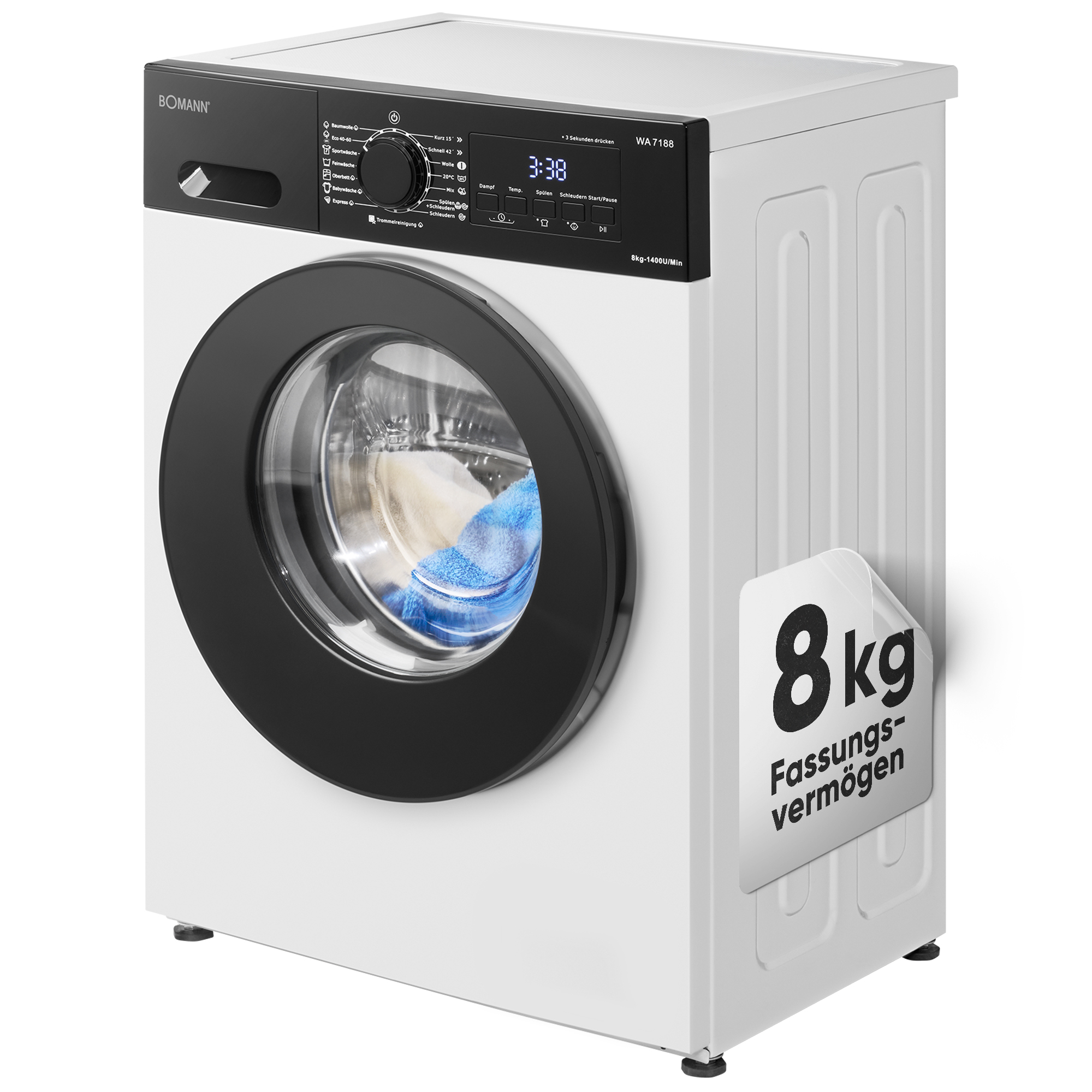 Eine weiße Waschmaschine mit schwarzer Tür und Bedienfeld. 8kg Fassungsvermögen.