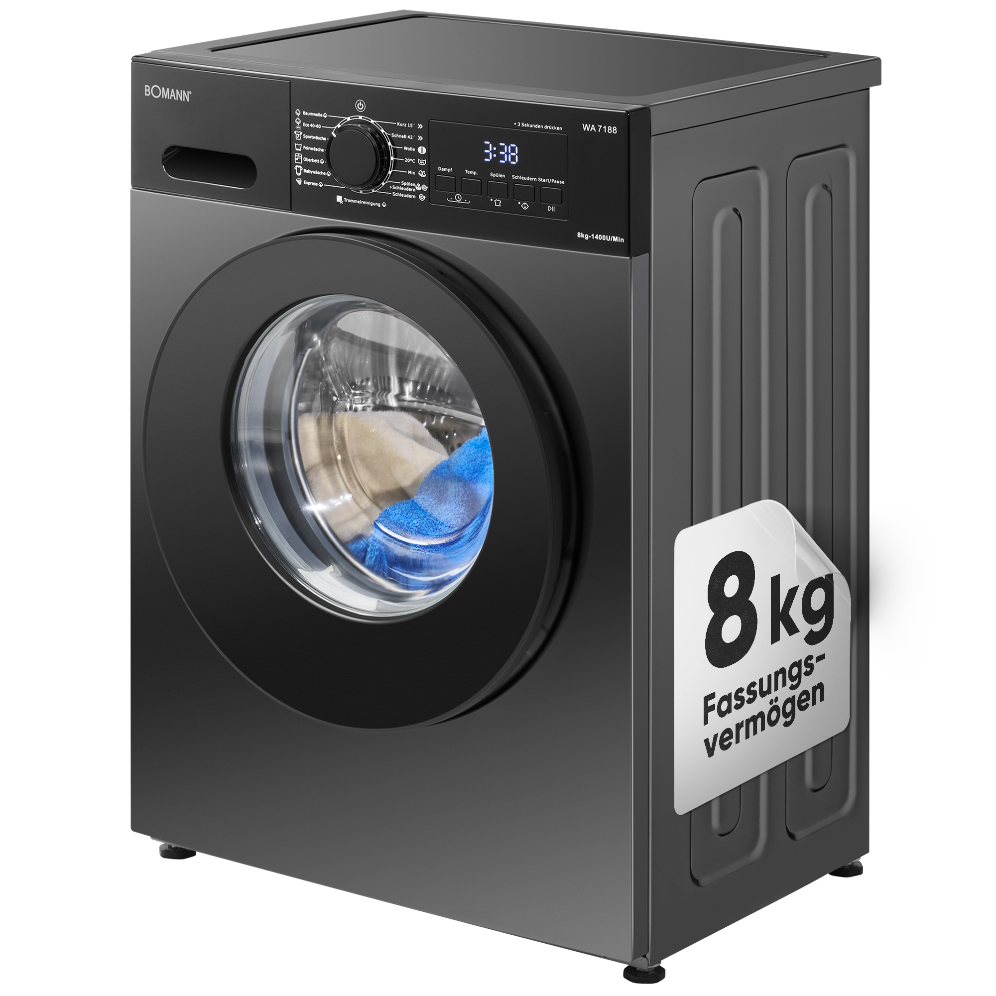 Eine graue Bomann Waschmaschine mit 8kg Fassungsvermögen und digitaler Anzeige.