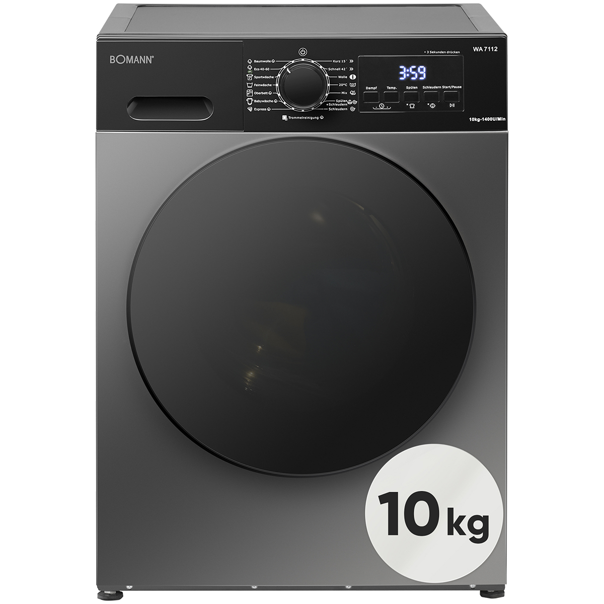 Graue Bomann Waschmaschine mit schwarzer Tür und Bedienfeld. 10kg Kapazität.