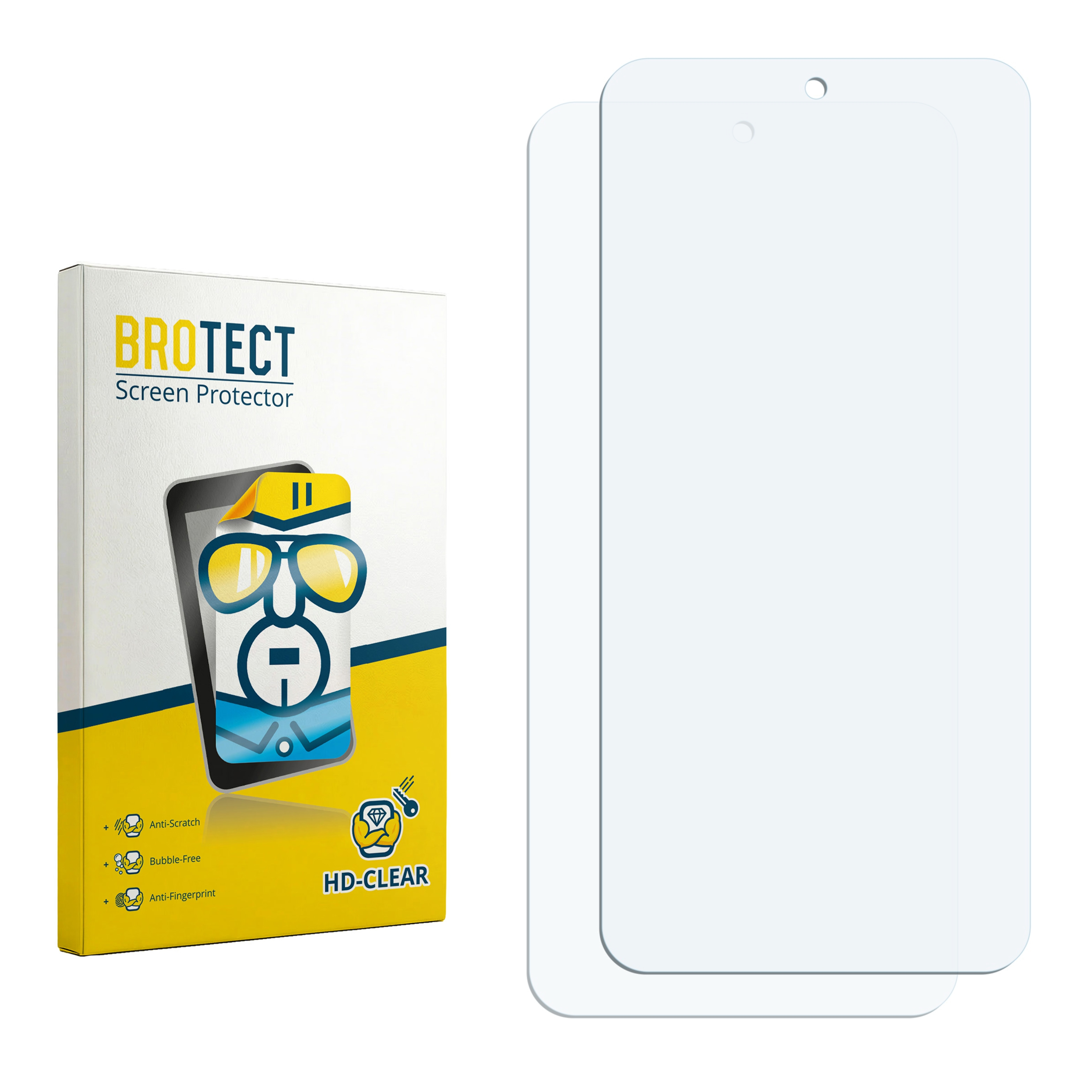 Verpackung für BROTECT Displayschutzfolien mit zwei transparenten Folien daneben.