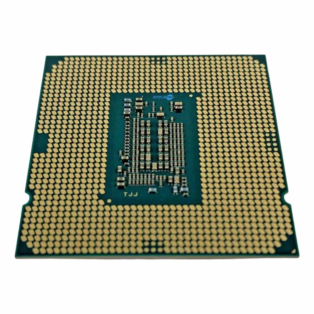 Processore CPU con pin dorati e scheda verde, visto da dietro.