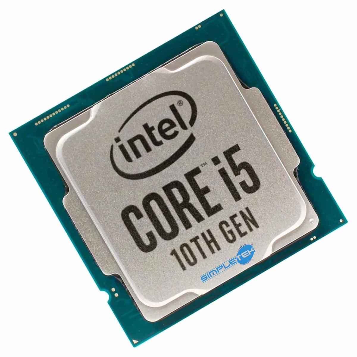 CPU Intel Core i5 10a Gen con heatspreader argento e bordo blu del circuito.