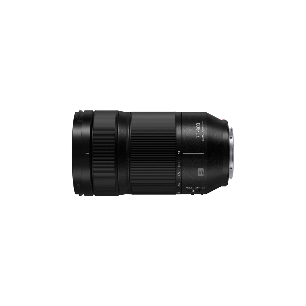 Ein schwarzes Kameraobjektiv mit Zoom 70-300mm, auf weißem Hintergrund.