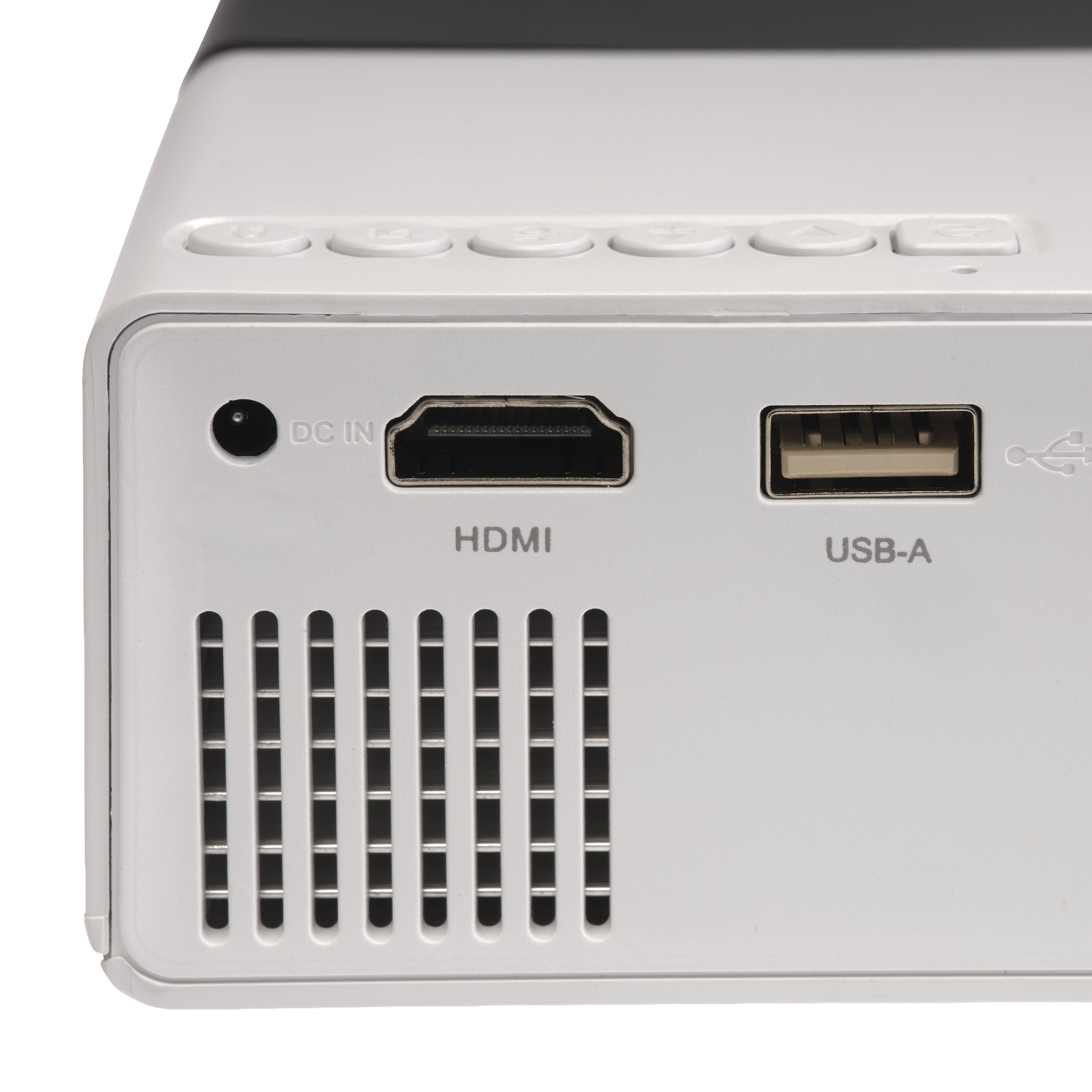 Weier Projektor mit HDMI-, USB-A-Anschluss und Lüftungsschlitzen.