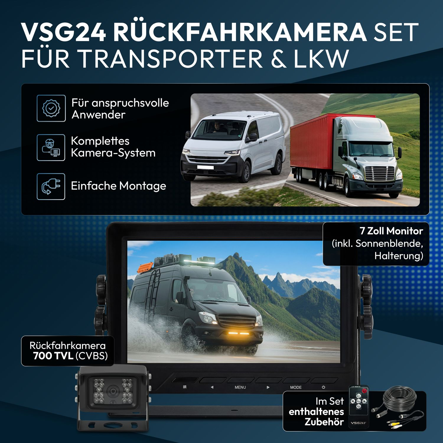 Rückfahrkamera-Set mit Monitor für LKW und Transporter.