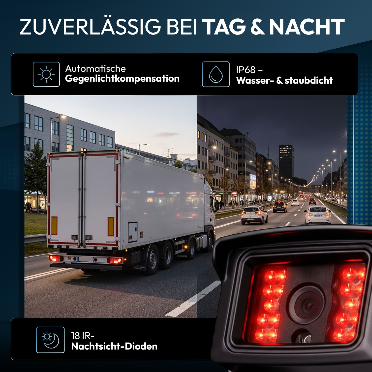 Überwachungskamera mit Nachtsicht und IR-Dioden bei Tag und Nacht.