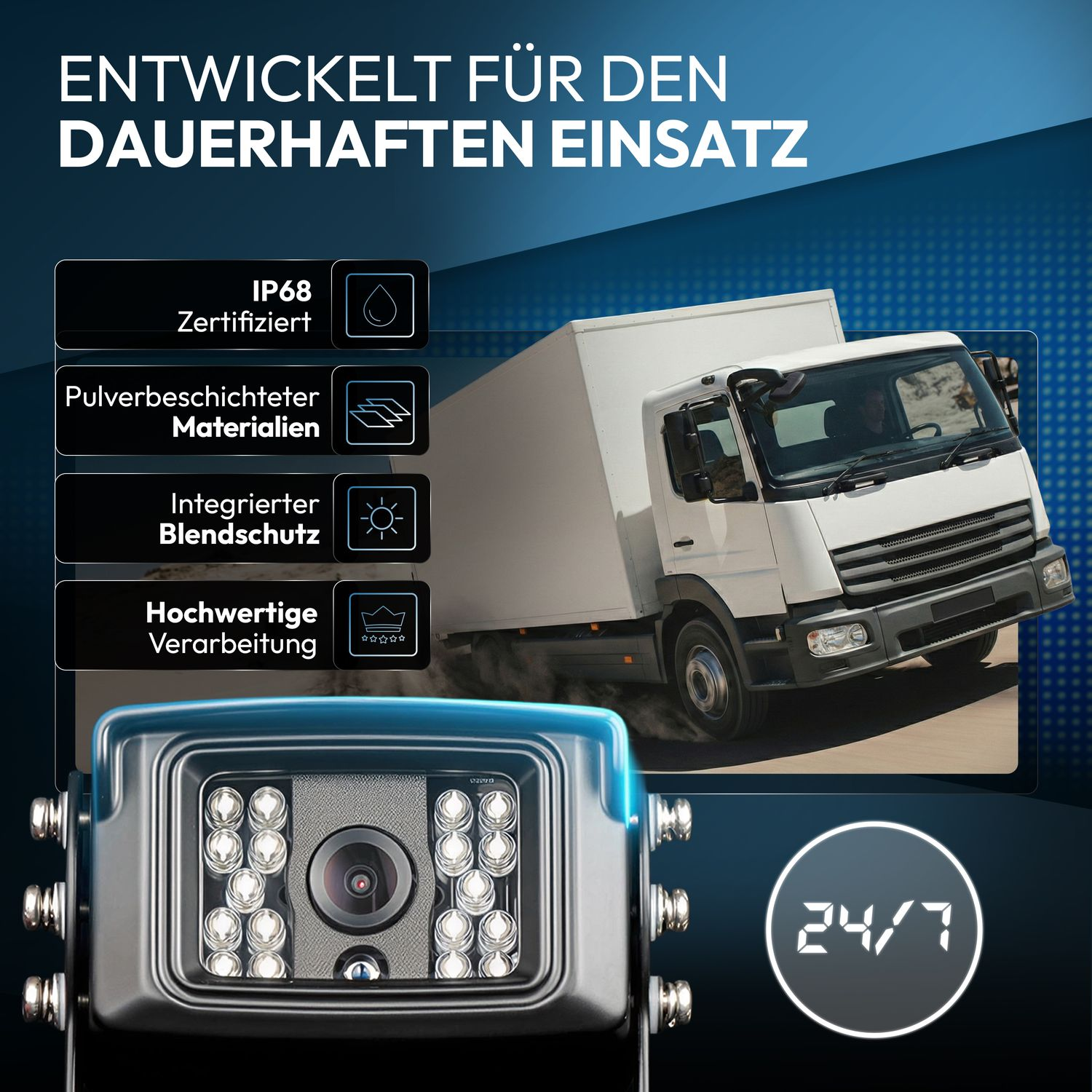 Überwachungskamera mit LKW und "24/7"-Symbol. Beschreibt IP68, Pulverbeschichtung.
