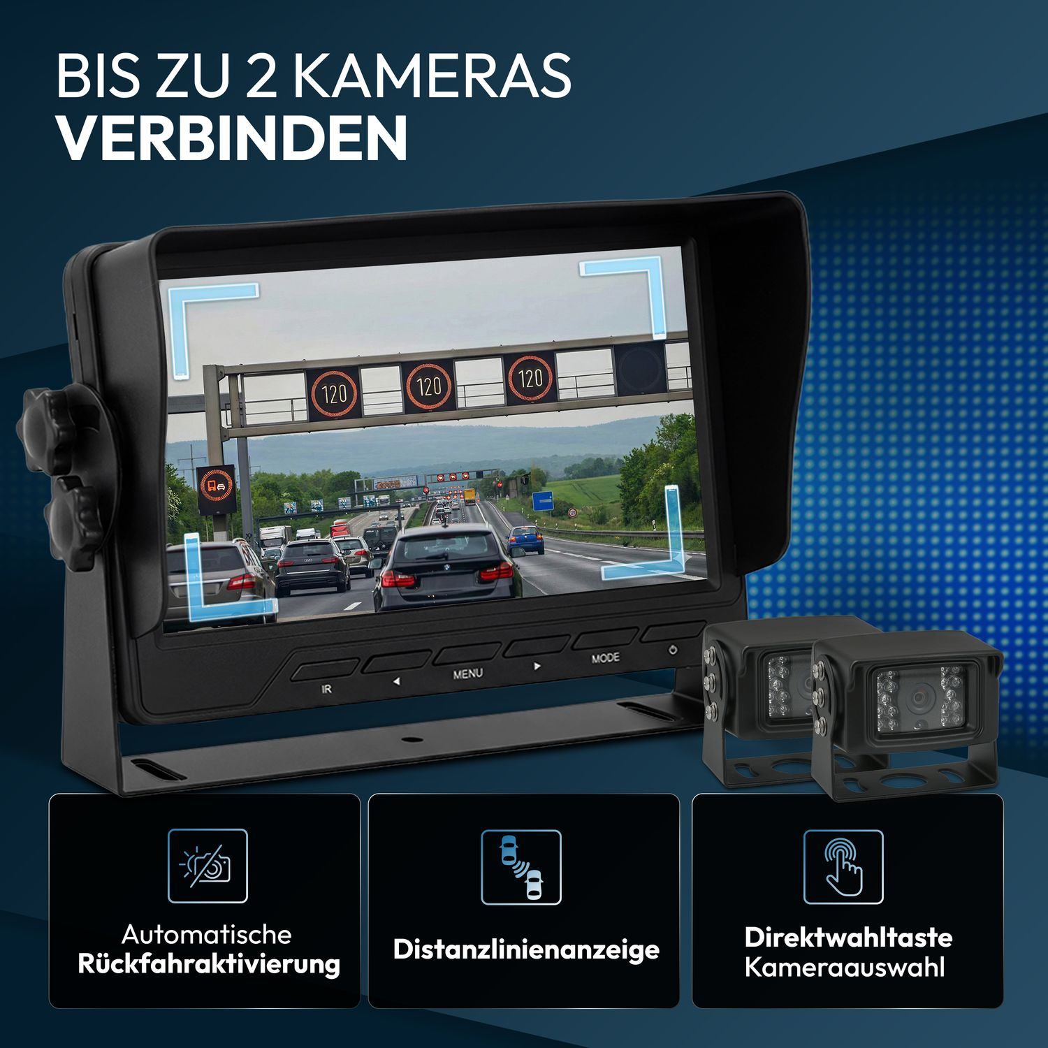 Monitor zeigt Autobahn, zwei Kameras daneben. Text: Bis zu 2 Kameras verbinden.
