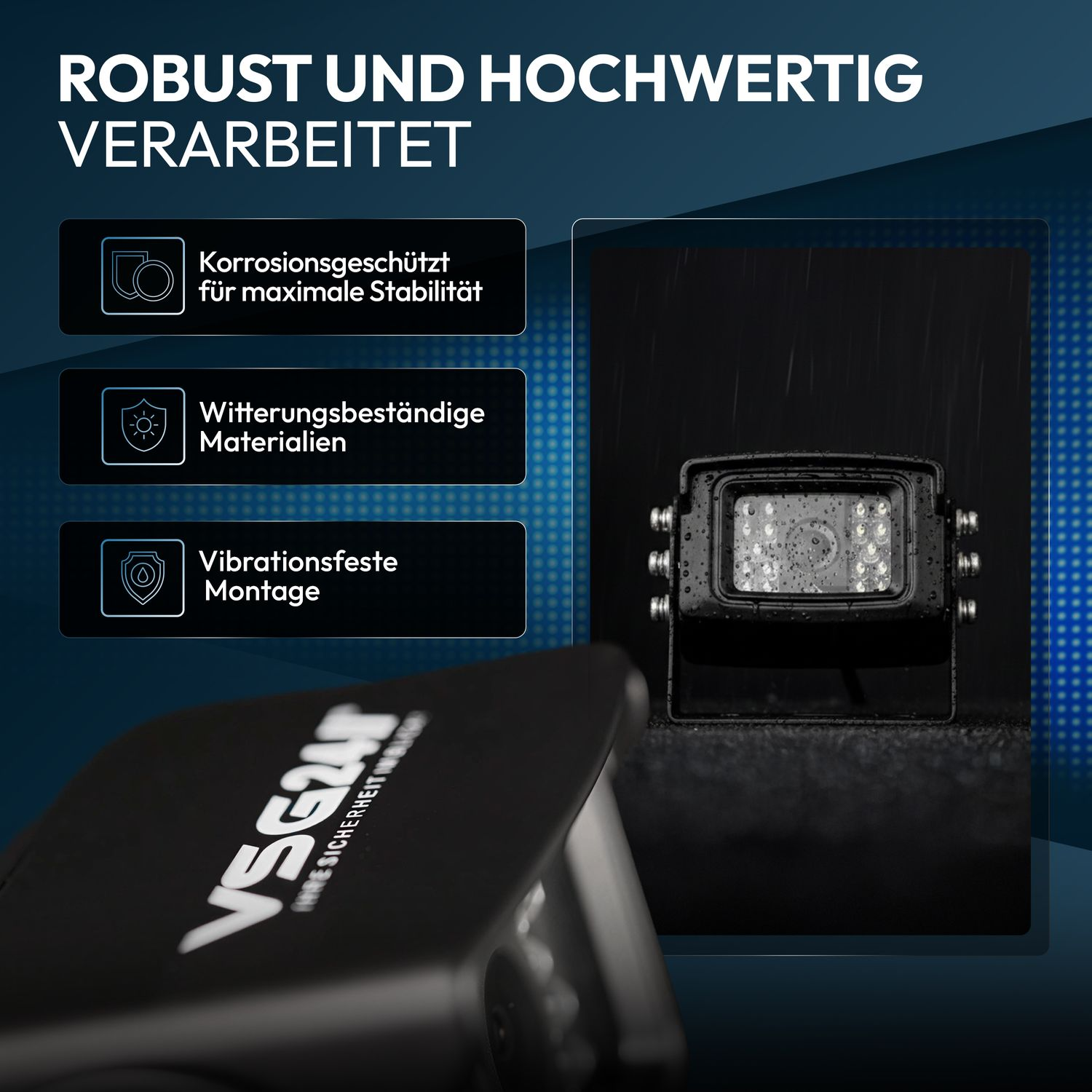 Schwarze Kamera mit LEDs und Wassertropfen, robust und hochwertig.