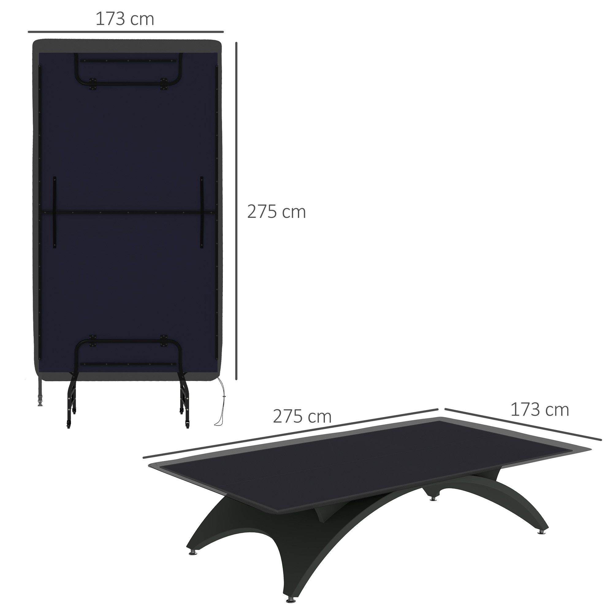 Mesa azul oscuro con patas curvas, 275x173 cm.