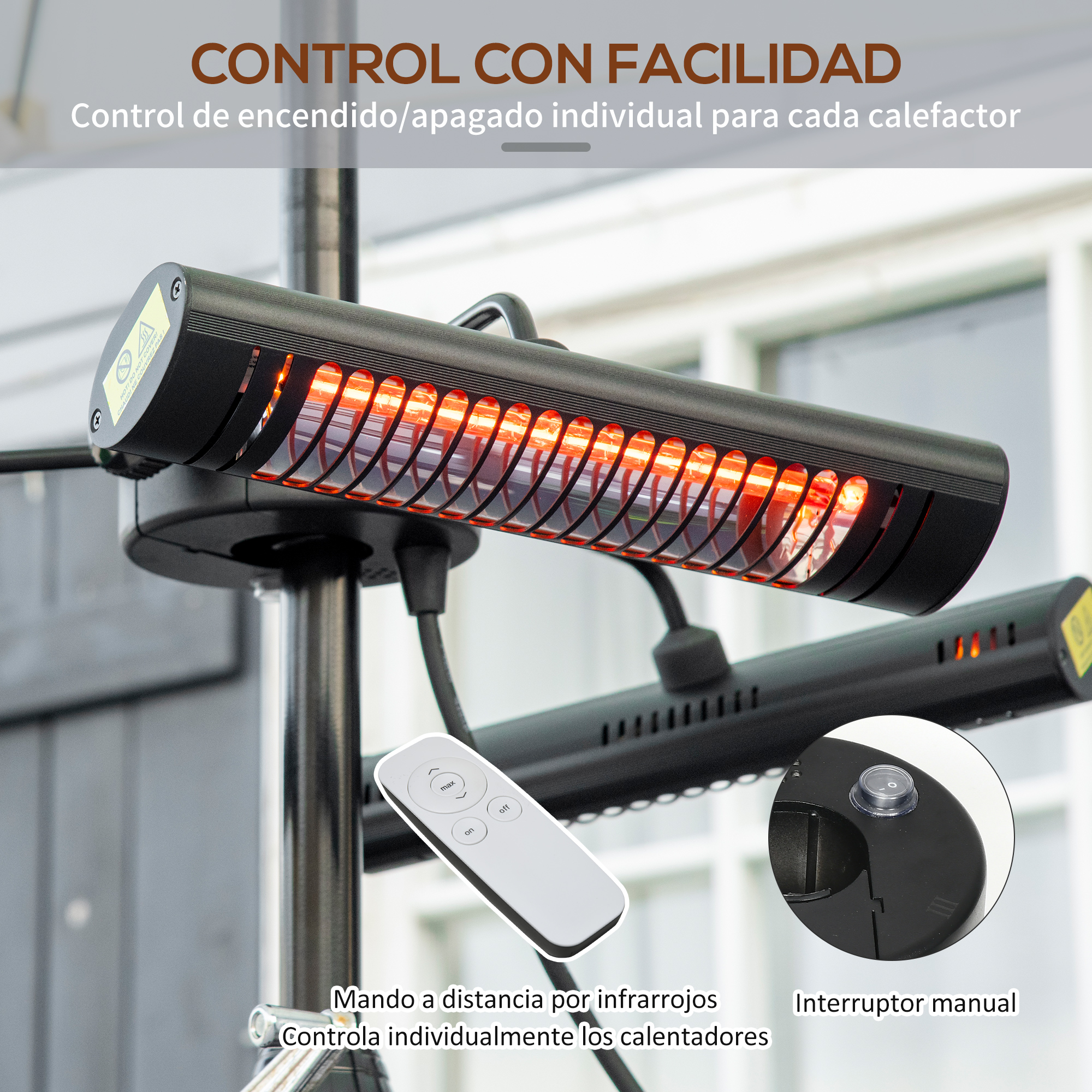 Calentador infrarrojo negro con mando y interruptor. Elementos calefactores brillantes.