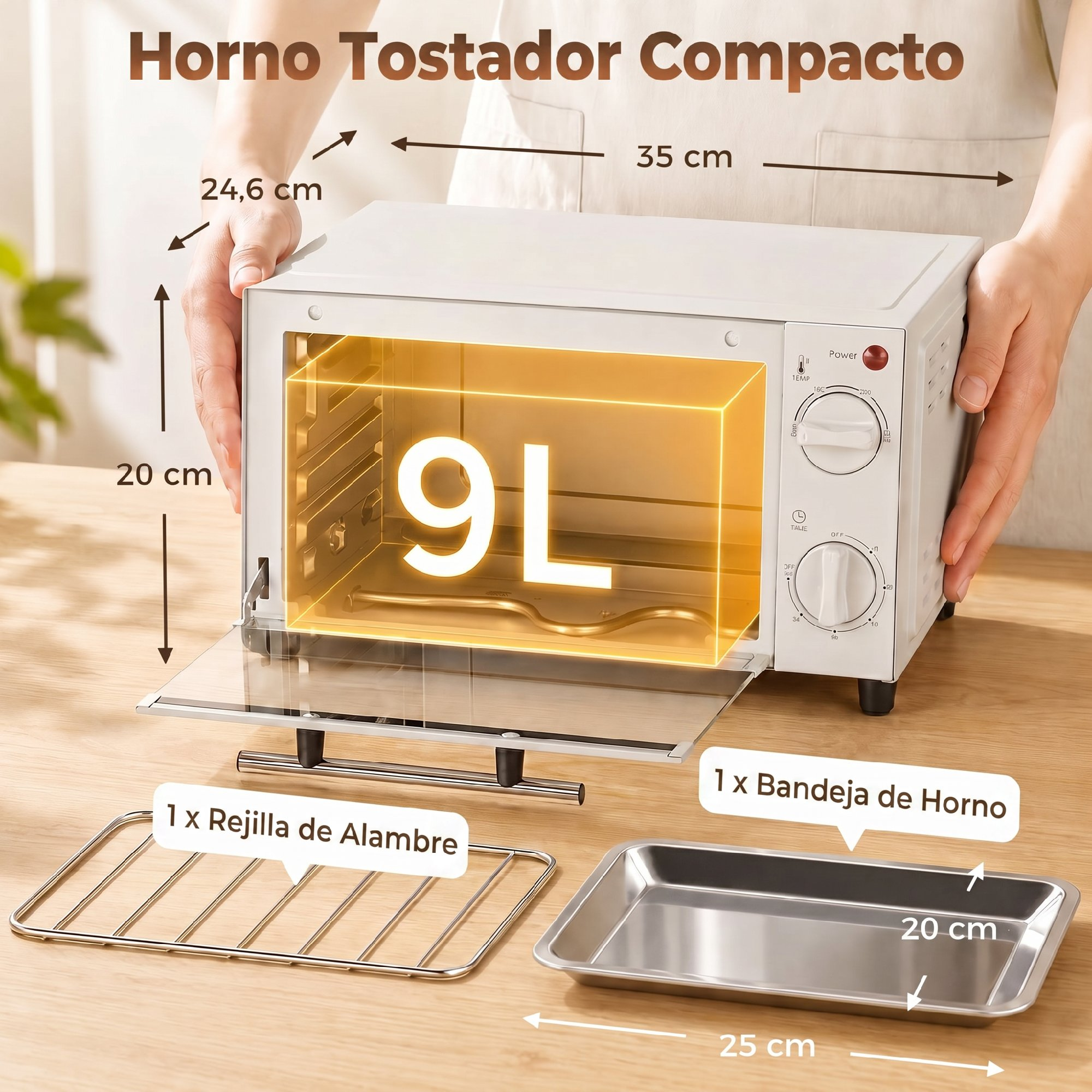 Horno tostador blanco compacto de 9L, medidas 35x24,6x20cm. Incluye rejilla y bandeja.