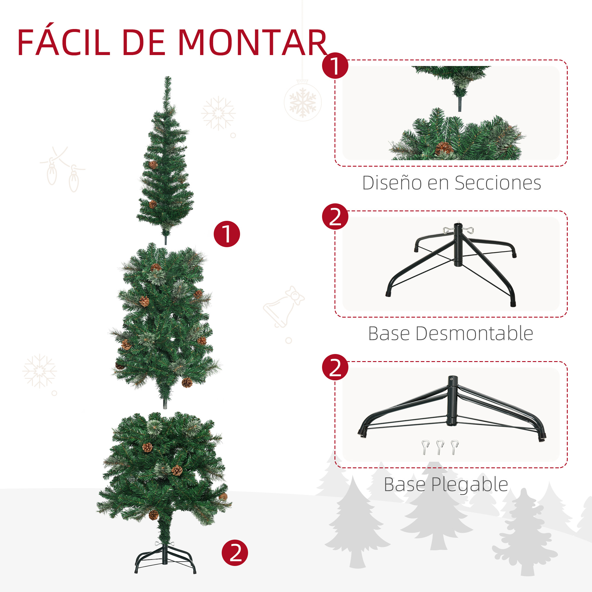 Un árbol de Navidad artificial de tres secciones con piñas y una base de soporte.