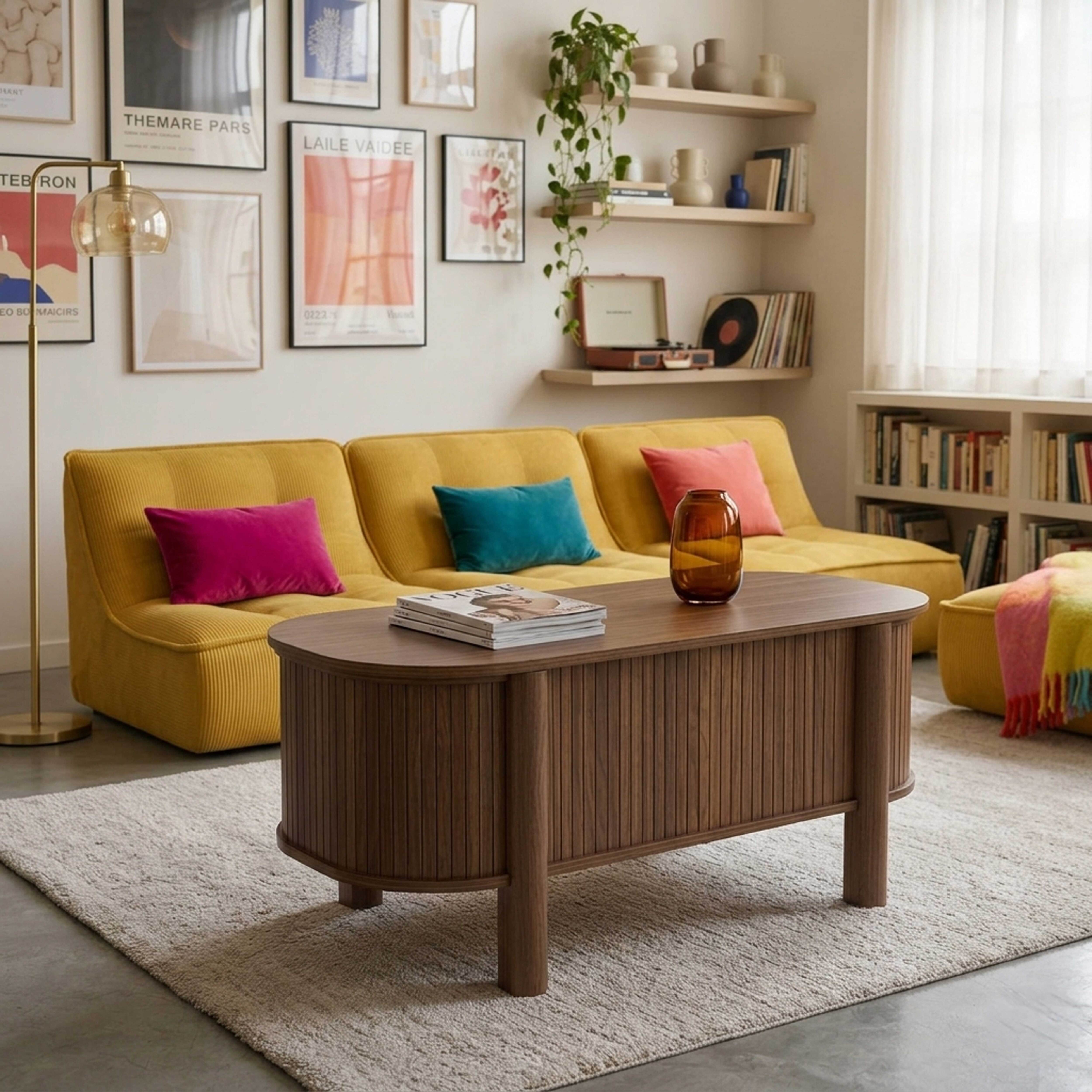 Ein Wohnzimmer mit gelbem Sofa, Holztisch und Kunst an den Wänden.
