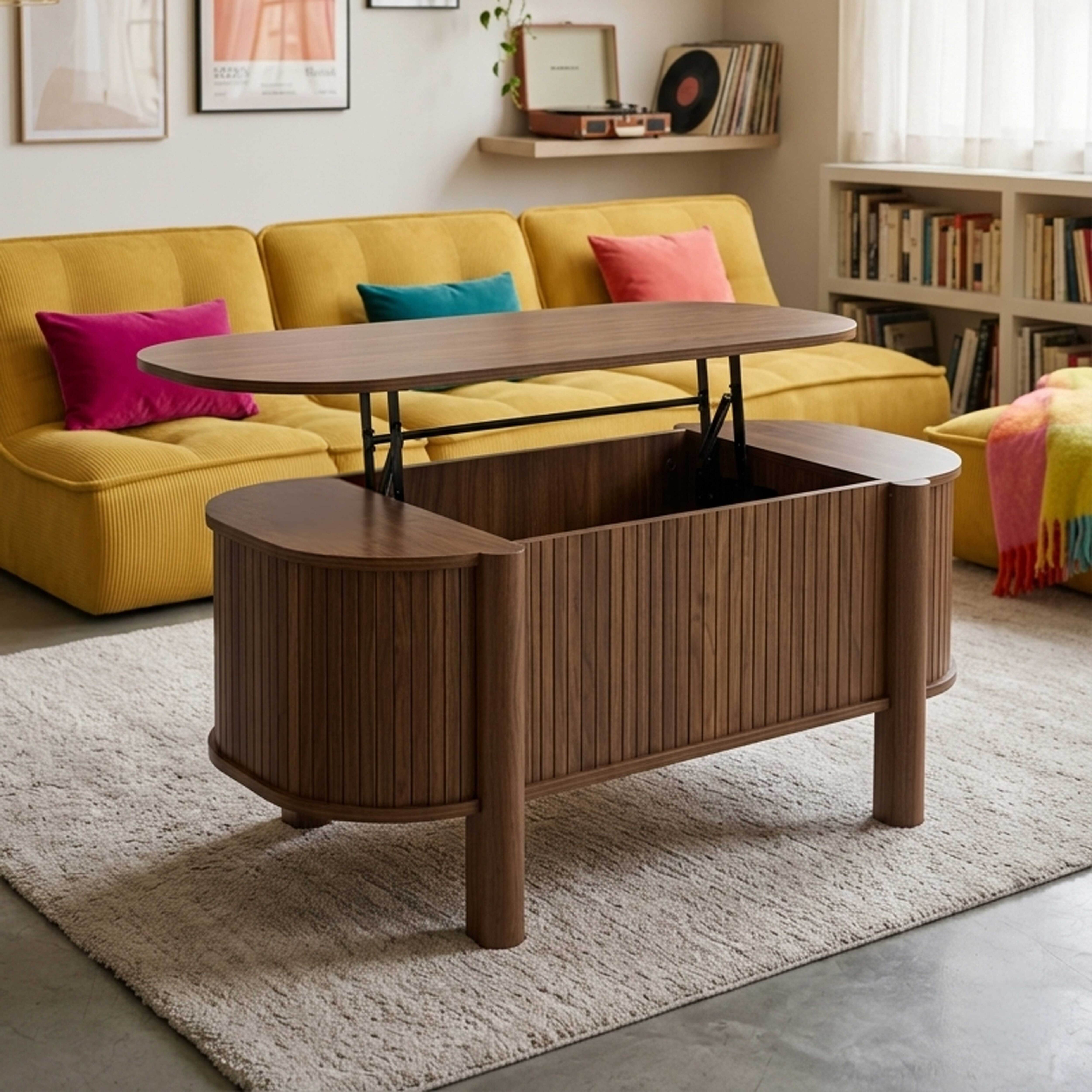 Ein hölzerner Couchtisch mit aufklappbarer Platte steht auf einem Teppich vor einem gelben Sofa.