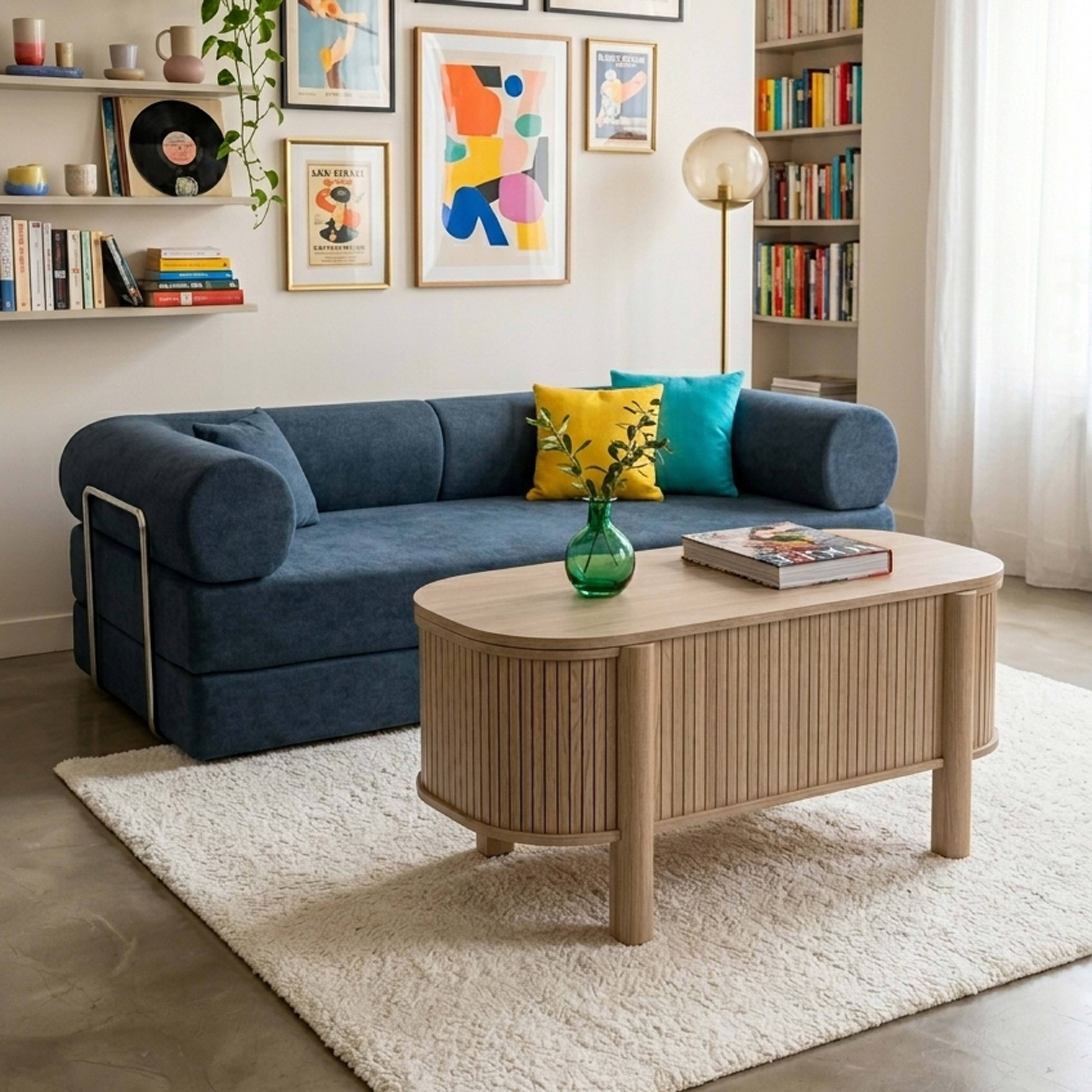 Ein blaues Sofa mit Kissen vor einem Holztisch auf einem Teppich.