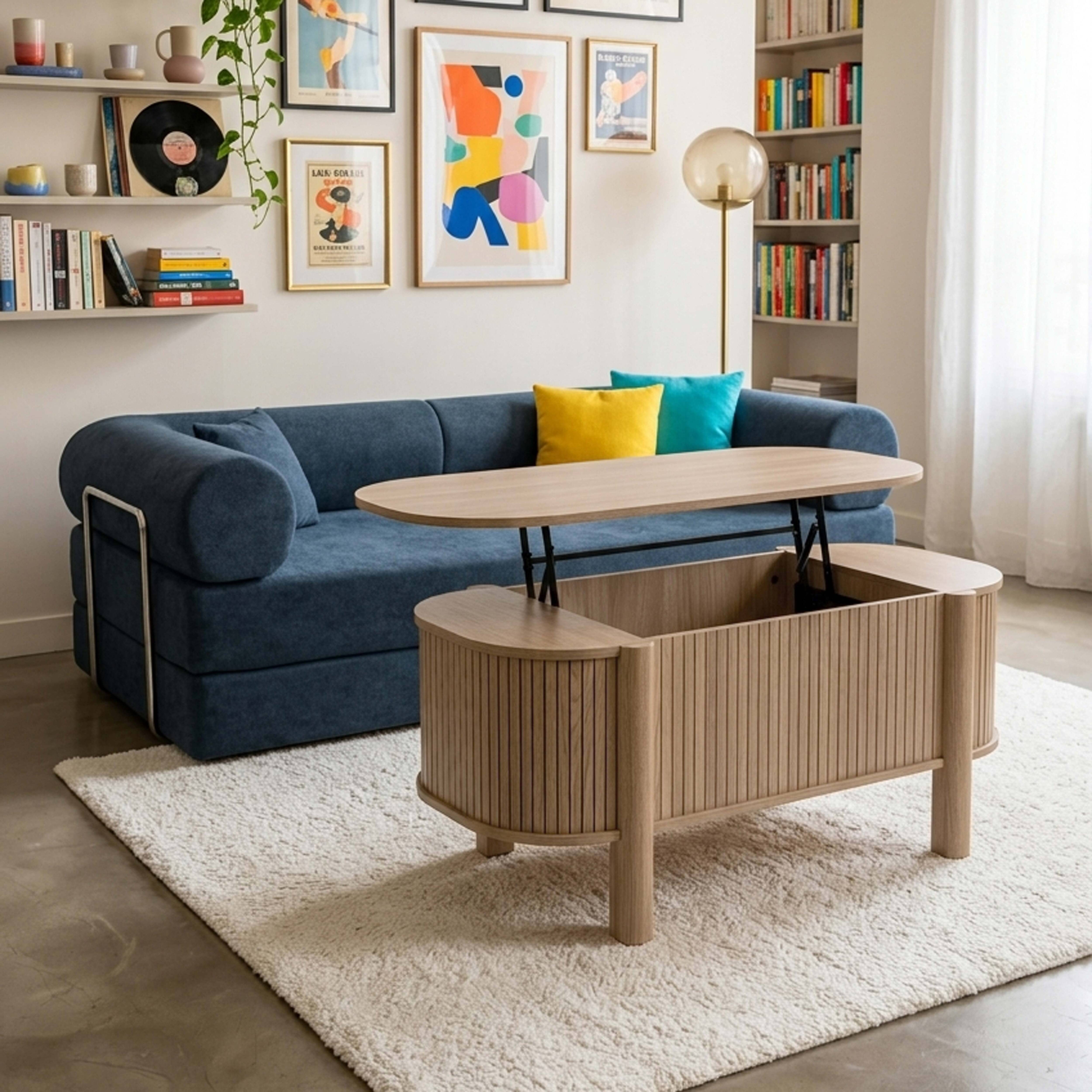 Ein blaues Sofa mit Holztisch, Kissen und Büchern in einem Wohnzimmer.