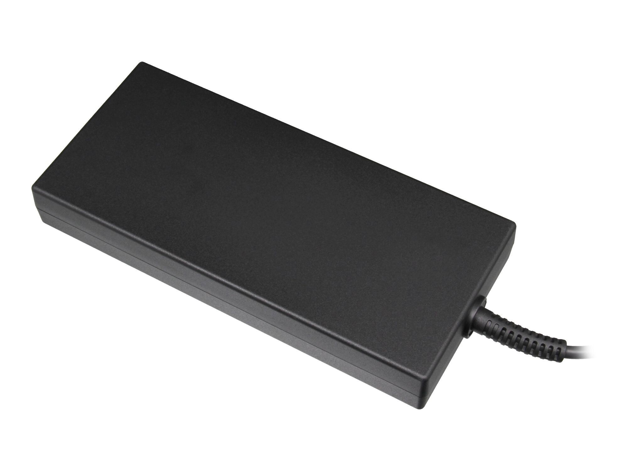 Ein schwarzer Laptop-Netzteilblock mit einem Kabel, das aus der rechten Seite herausführt.