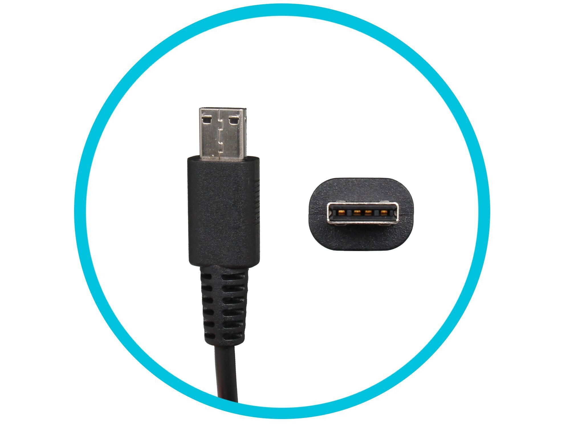 Nahaufnahme eines schwarzen USB-Kabels mit Mini-USB-Anschluss und Buchse.