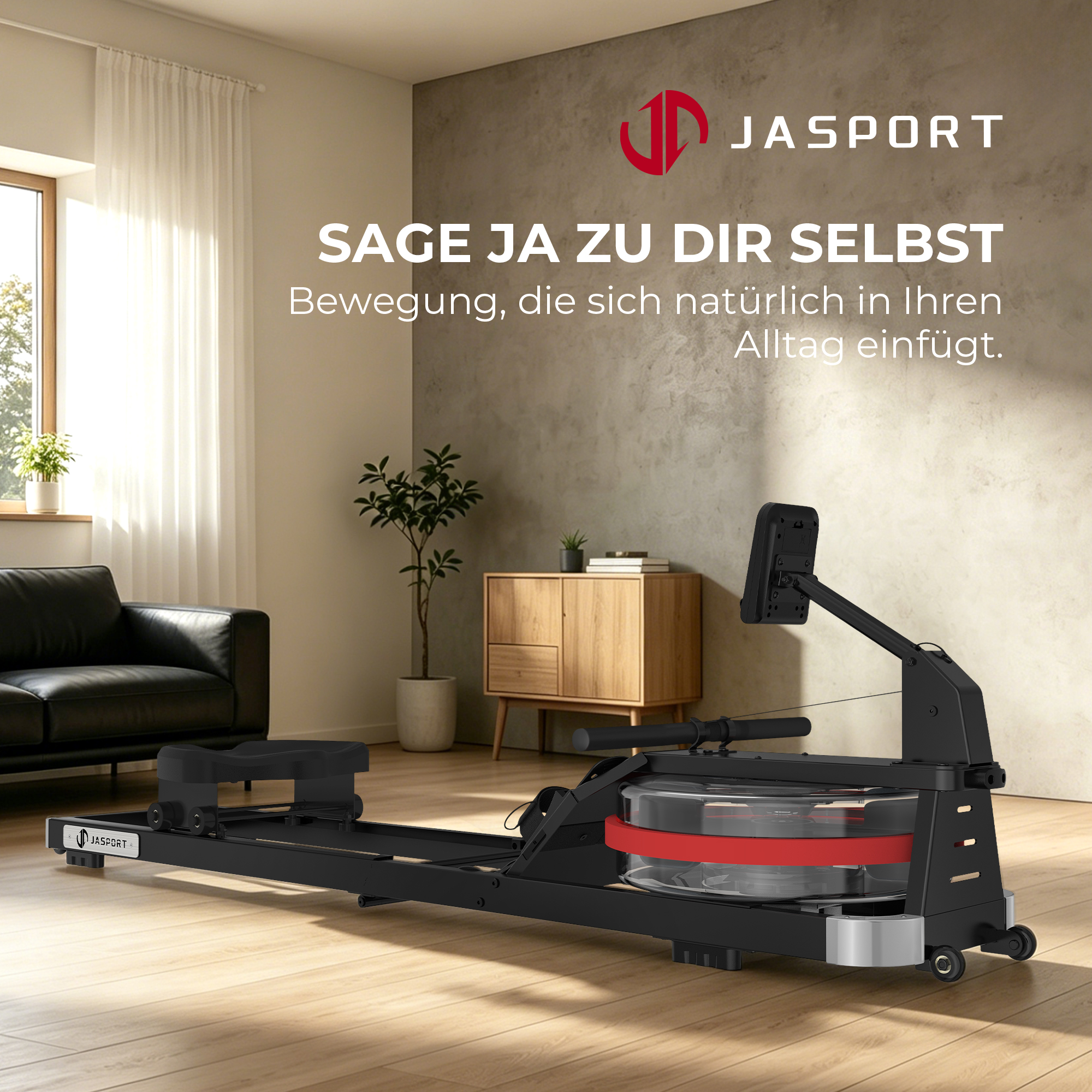 Ein schwarzes Rudergerät mit rotem Wassertank steht in einem Wohnzimmer.