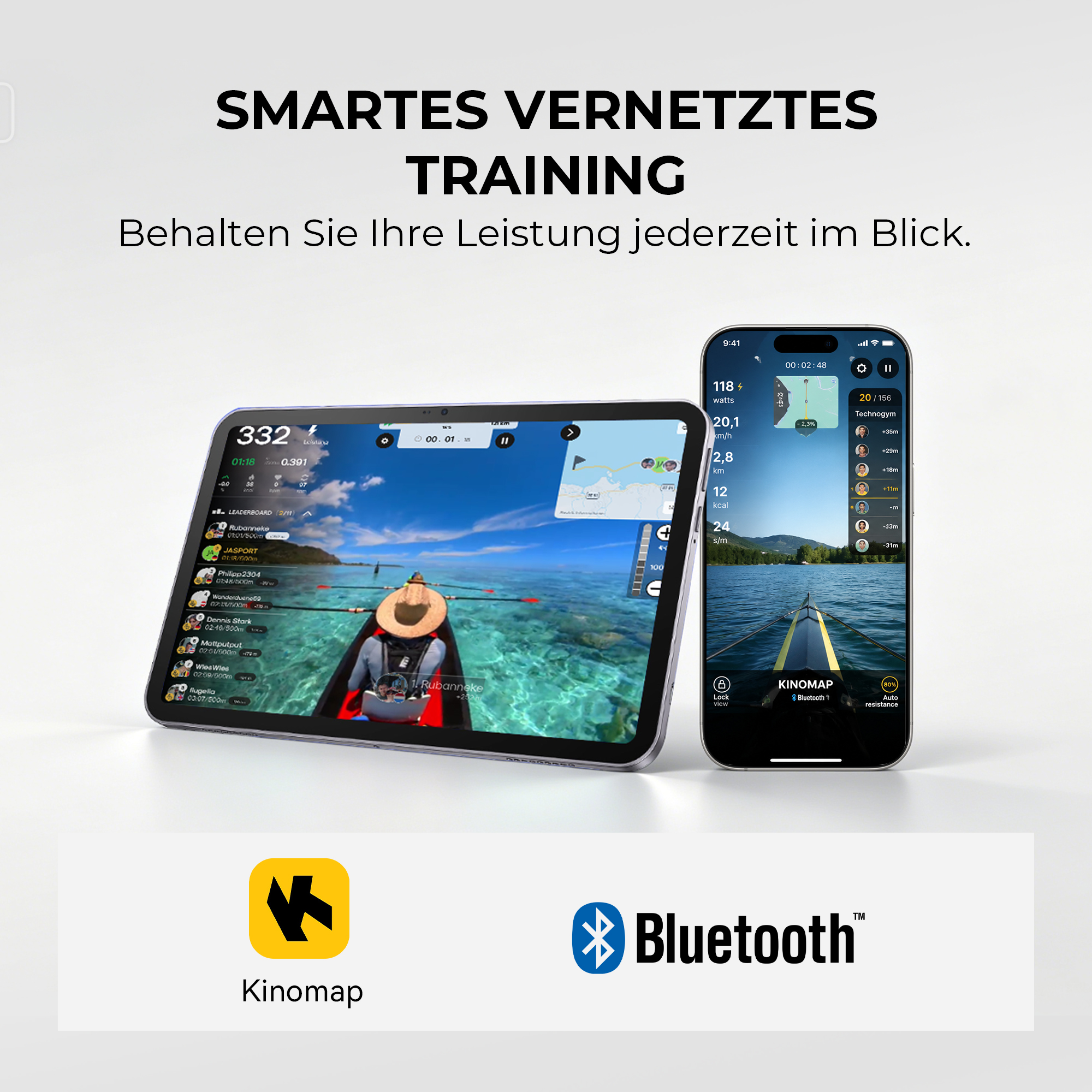 Due dispositivi mostrano app di canottaggio con dati di allenamento e paesaggi virtuali.