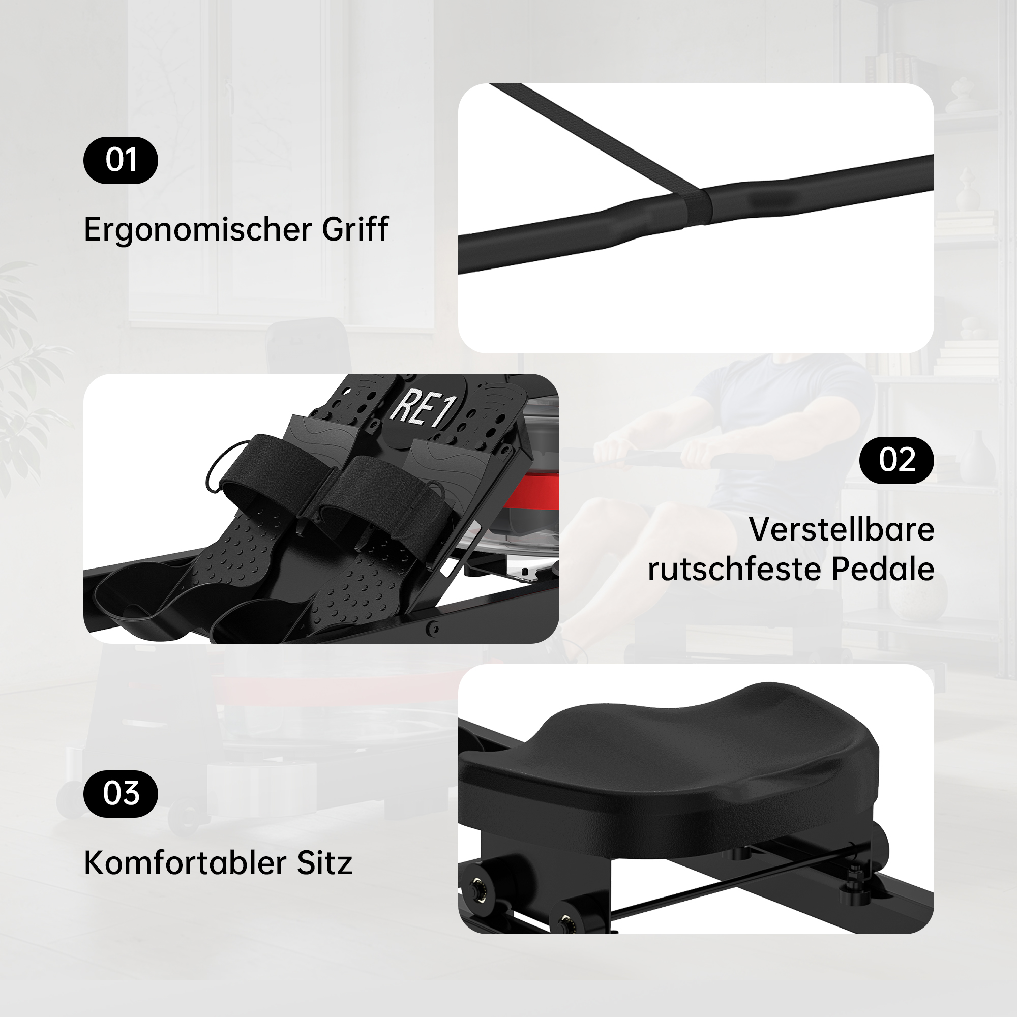 Una macchina da canottaggio con maniglia ergonomica, pedali regolabili e sedile comodo.