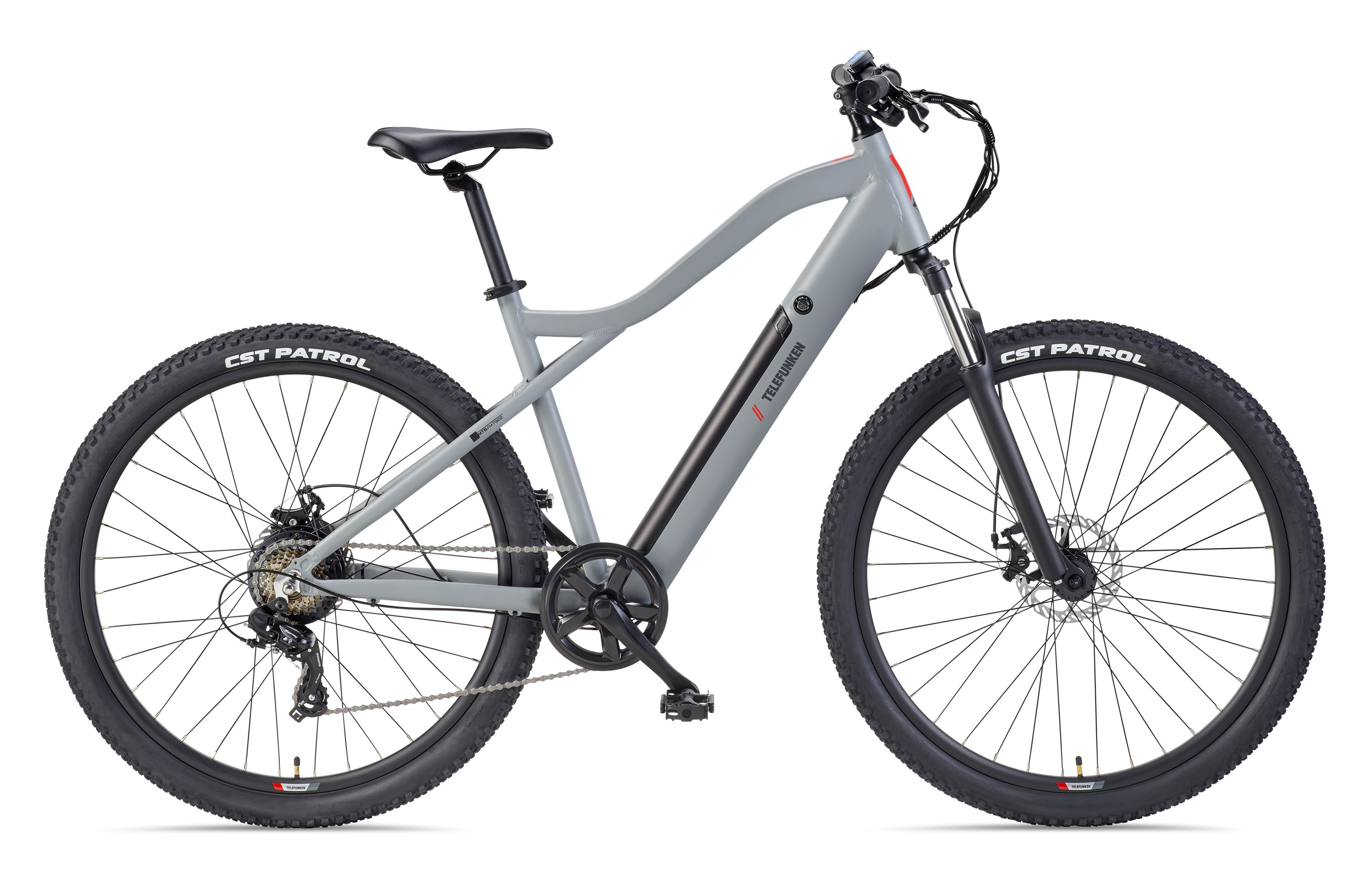 Ein graues Herrenfahrrad mit schwarzen Reifen, Sattel und Griffen.
