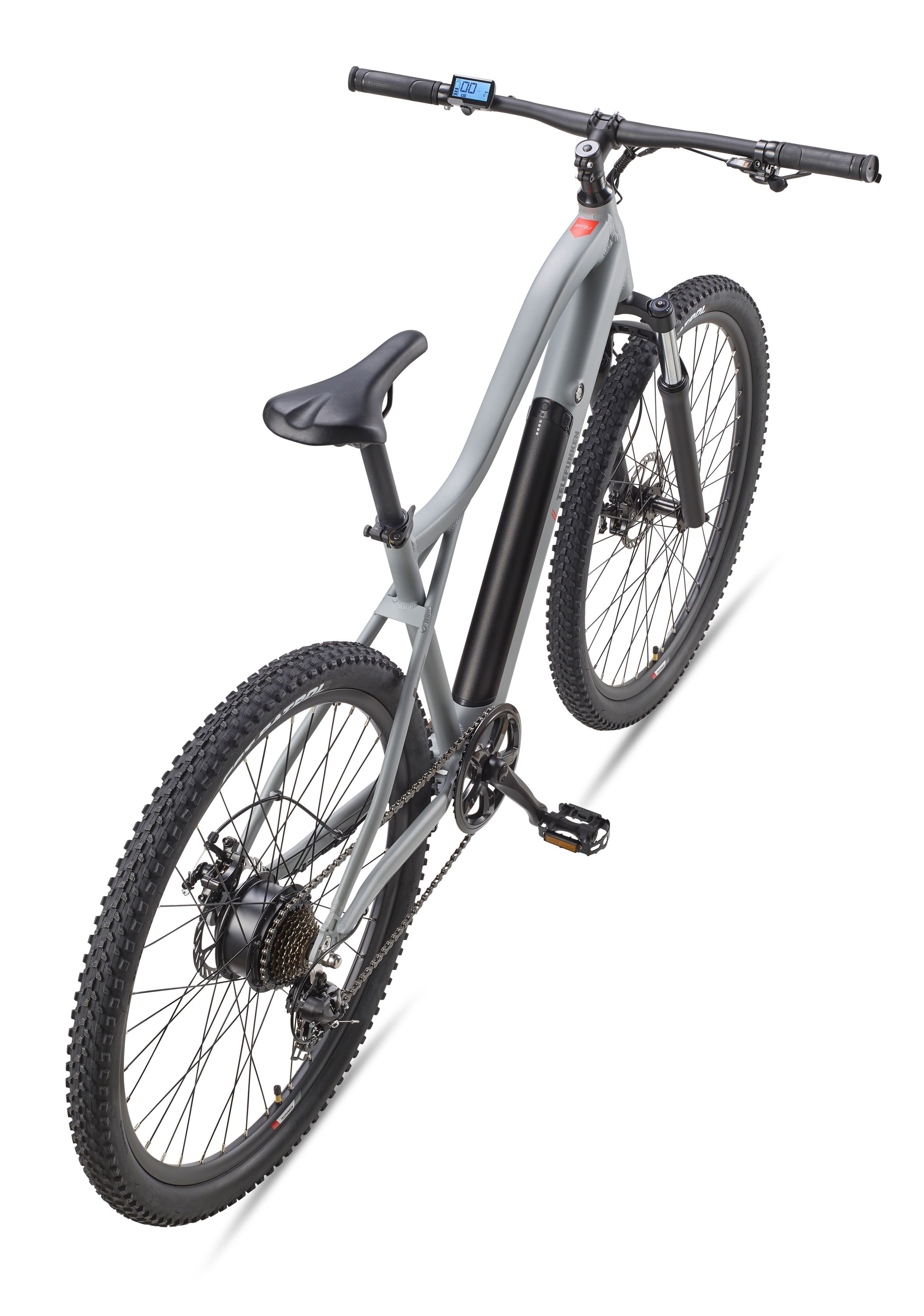 Graues E-Bike mit schwarzen Reifen, schwarzem Sattel und schwarzem Akku.