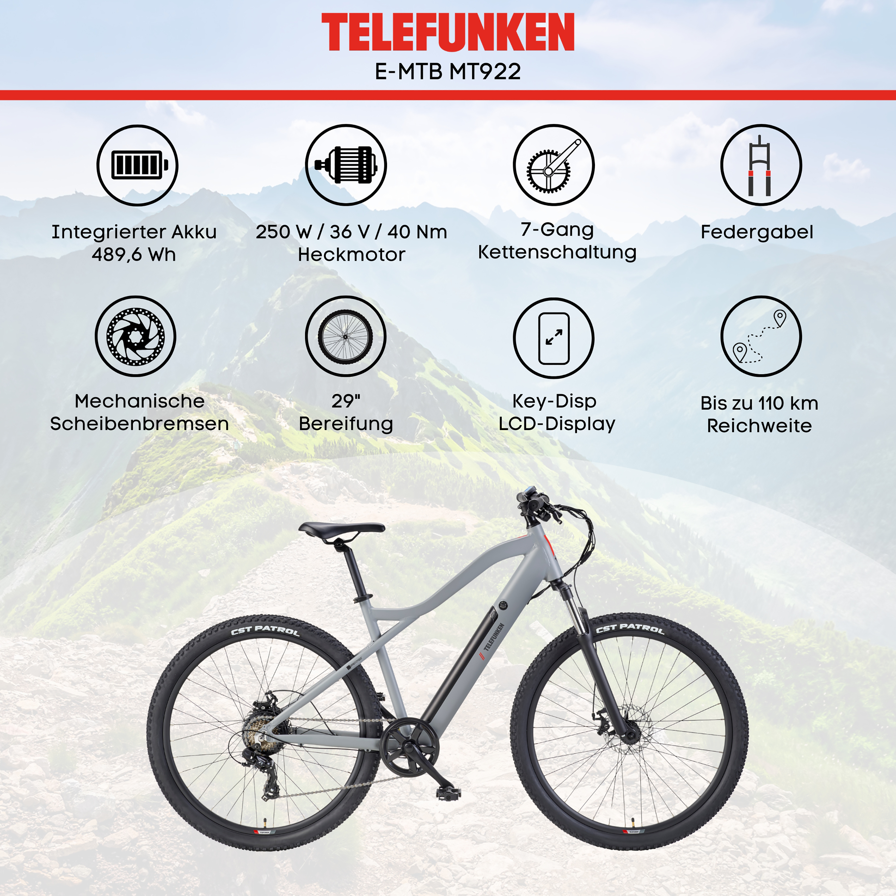 Graues Telefunken E-MTB mit Berglandschaft im Hintergrund und Icons für Akku, Motor, Schaltung, Federgabel, Bremsen, Reifen, Display, Reichweite.