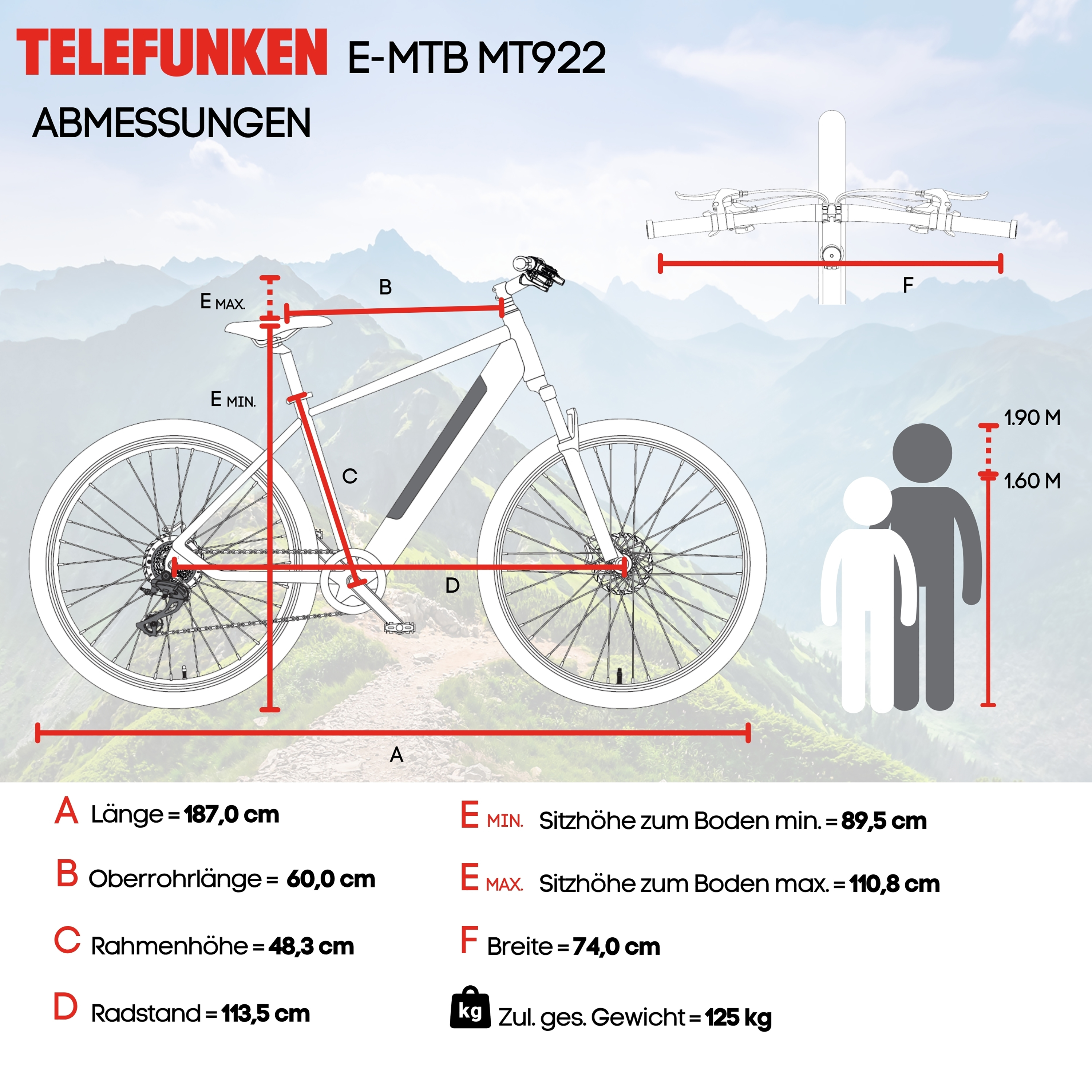 Illustration eines E-MTB mit Maßen: Länge 187cm, Breite 74cm, Rahmenhöhe 48,3cm.