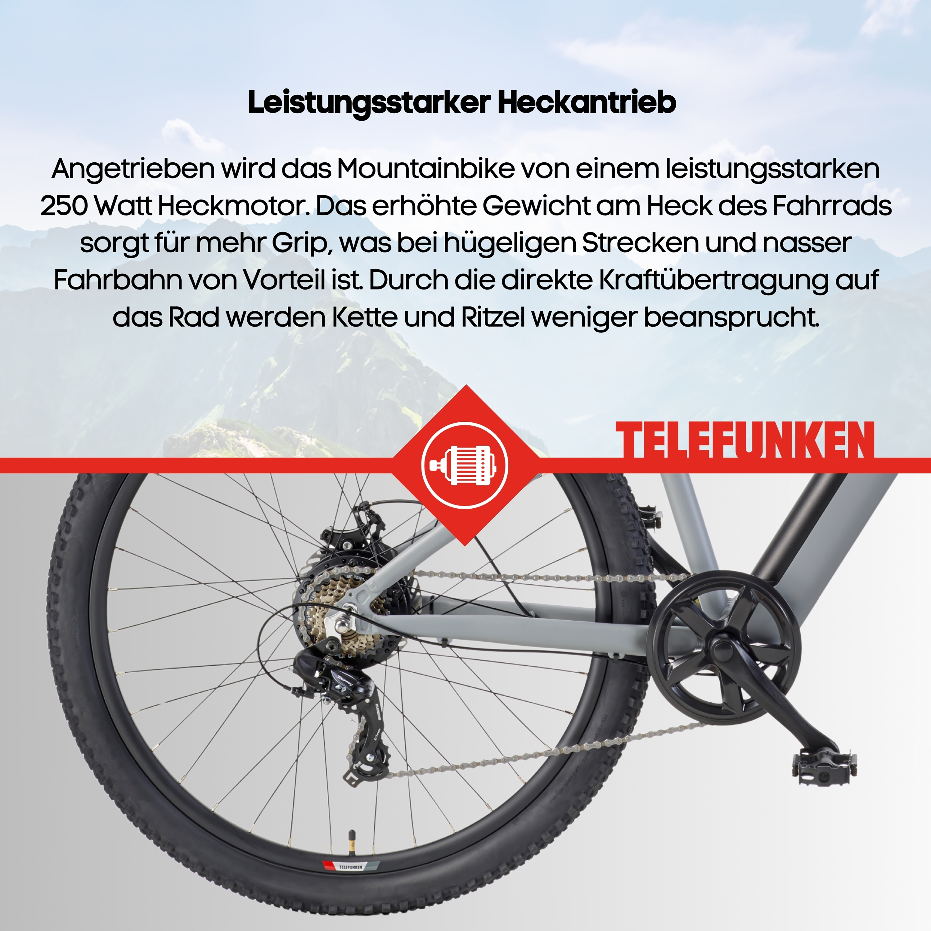 Graues E-Mountainbike mit starkem Heckantrieb, Kette und Zahnkranz.
